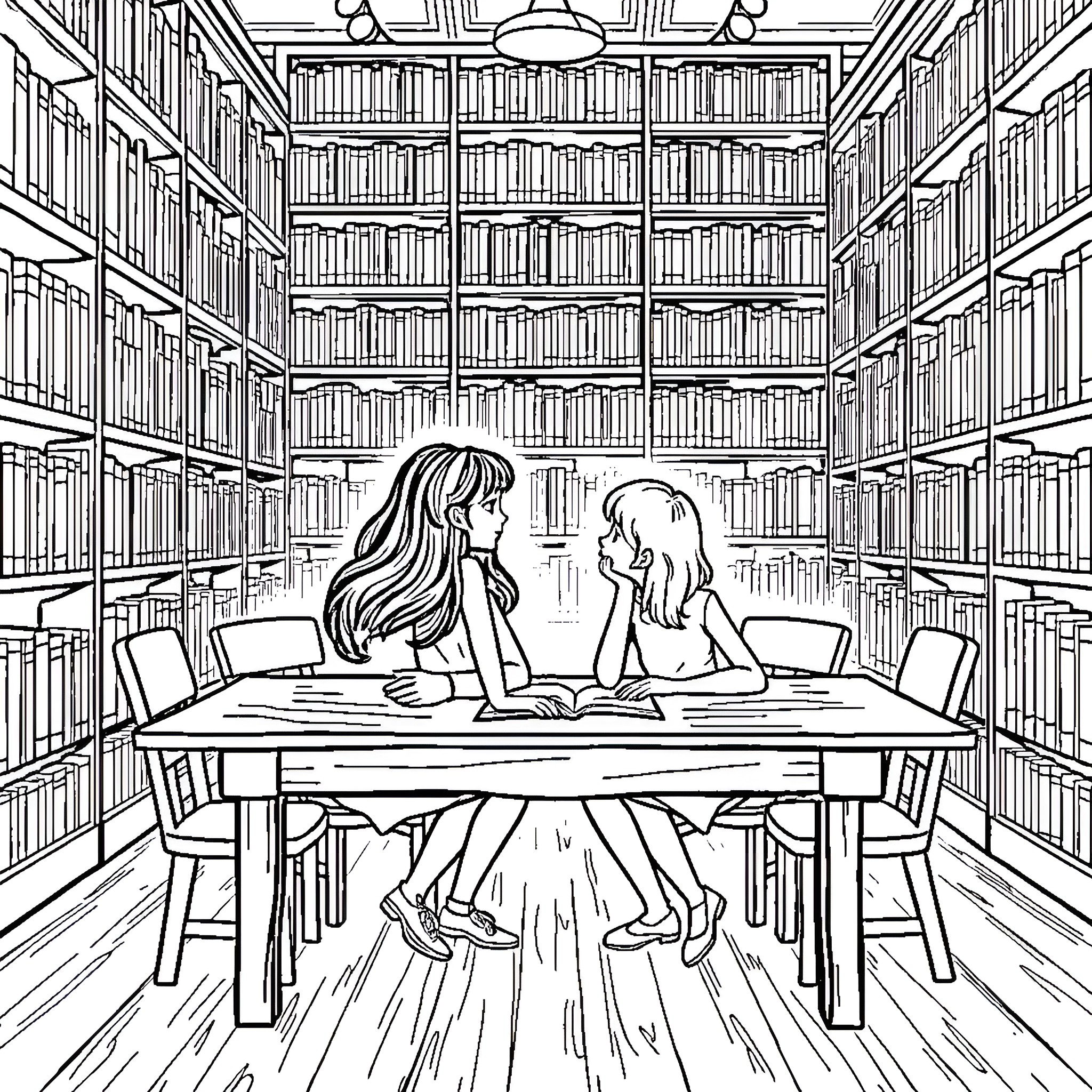 Friend studying together in the library Coloring Page (free black-and-white line drawing printable PDF for all, from beginners to advanced learners, including children, teens, adults, and seniors)