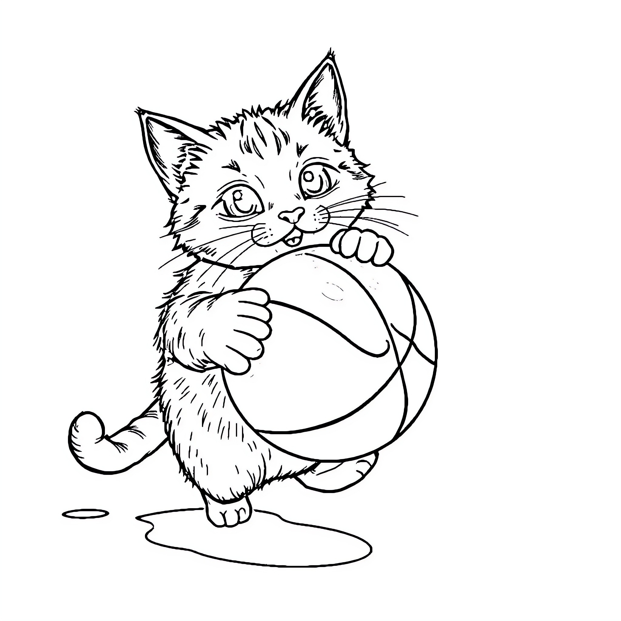 Cat playing with basketball on the ground Coloring Page (free black-and-white line drawing printable PDF for all, from beginners to advanced learners, including children, teens, adults, and seniors)