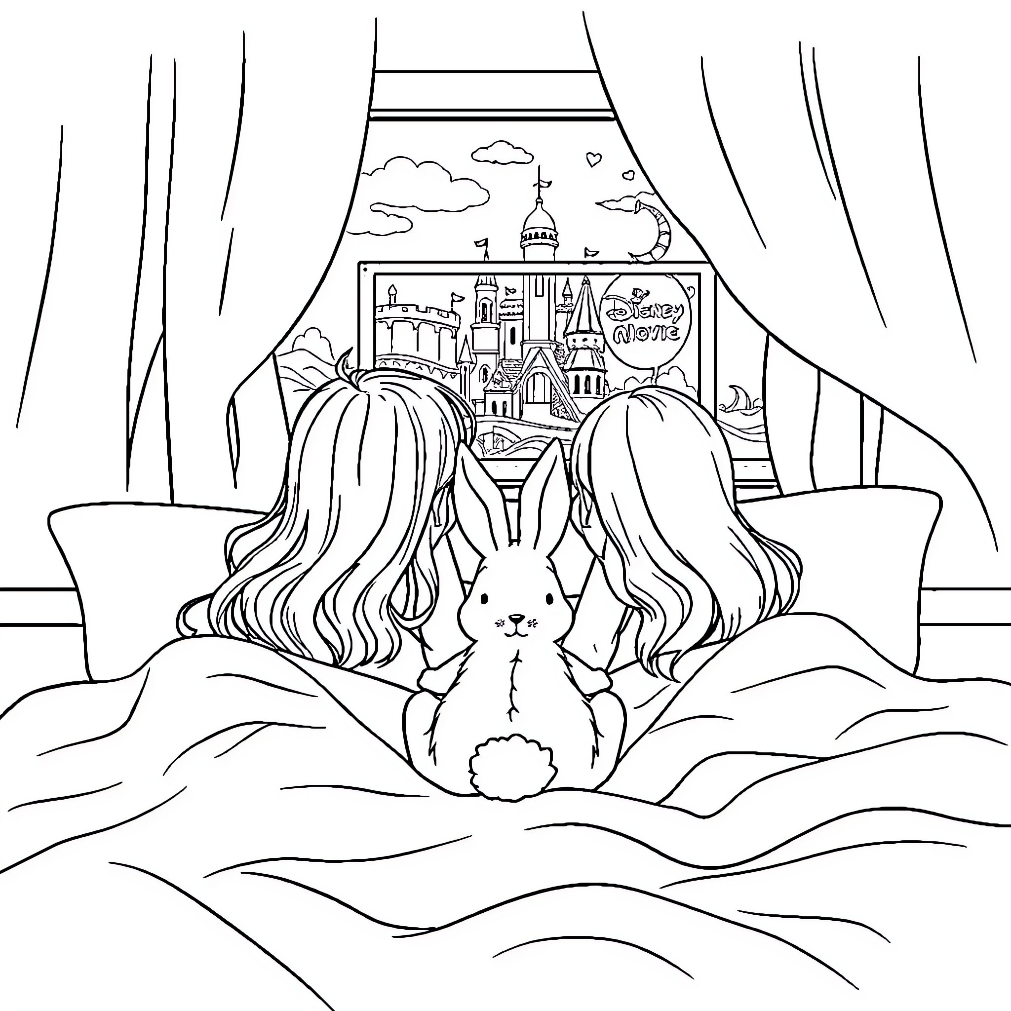 Girl Admiring Enchanted Castle Through Window Coloring Page (free black-and-white line drawing printable PDF for all, from beginners to advanced learners, including children, teens, adults, and seniors)