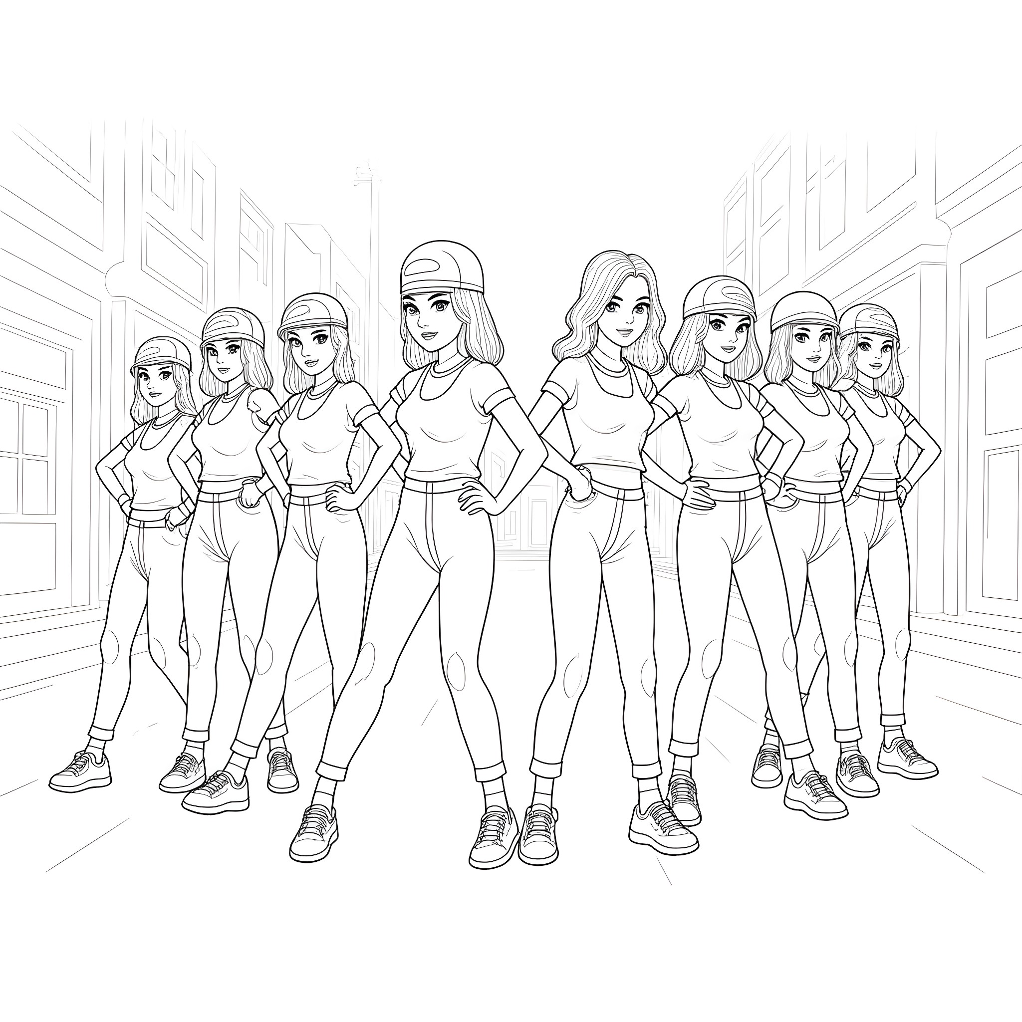 Girl Group Posing Together in Casual Outfits Coloring Page (free black-and-white line drawing printable PDF for all, from beginners to advanced learners, including children, teens, adults, and seniors)