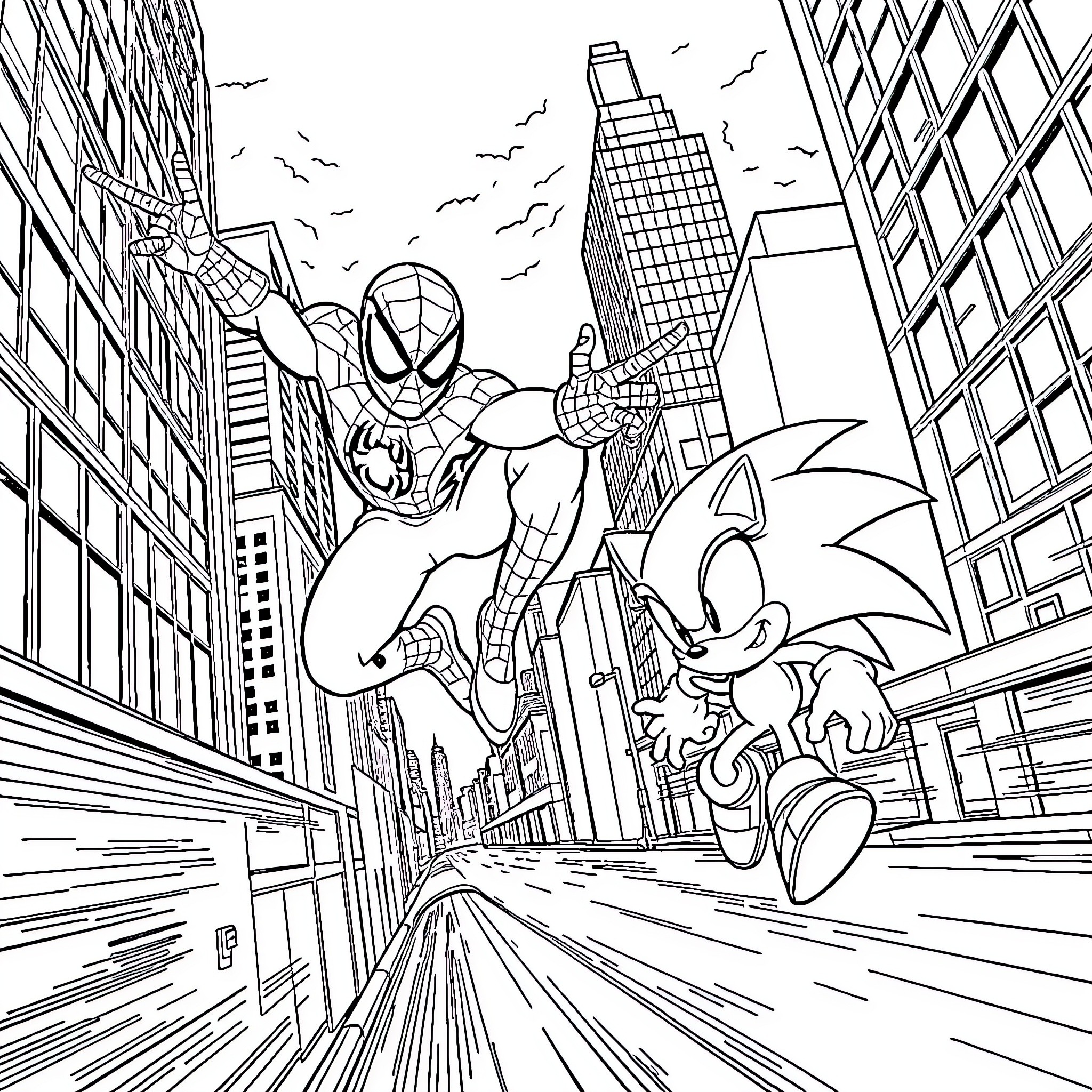 Spiderman swinging through city with Sonic the Hedgehog Coloring Page (free black-and-white line drawing printable PDF for all, from beginners to advanced learners, including children, teens, adults, and seniors)