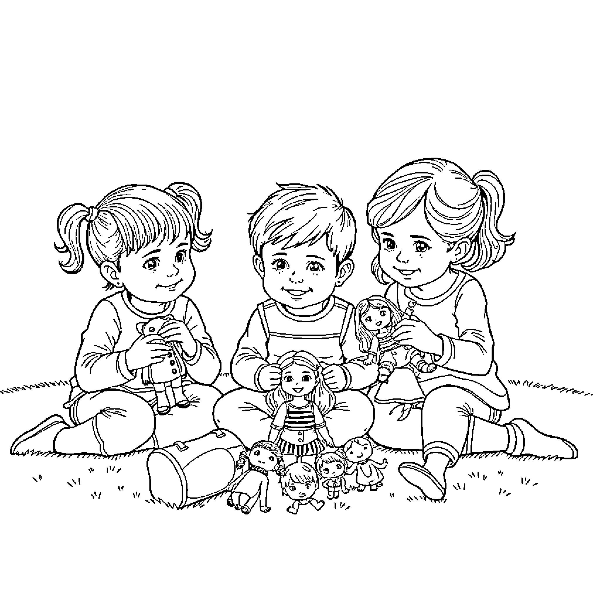 Child playing with dolls and friends outdoors Coloring Page (free black-and-white line drawing printable PDF for all, from beginners to advanced learners, including children, teens, adults, and seniors)