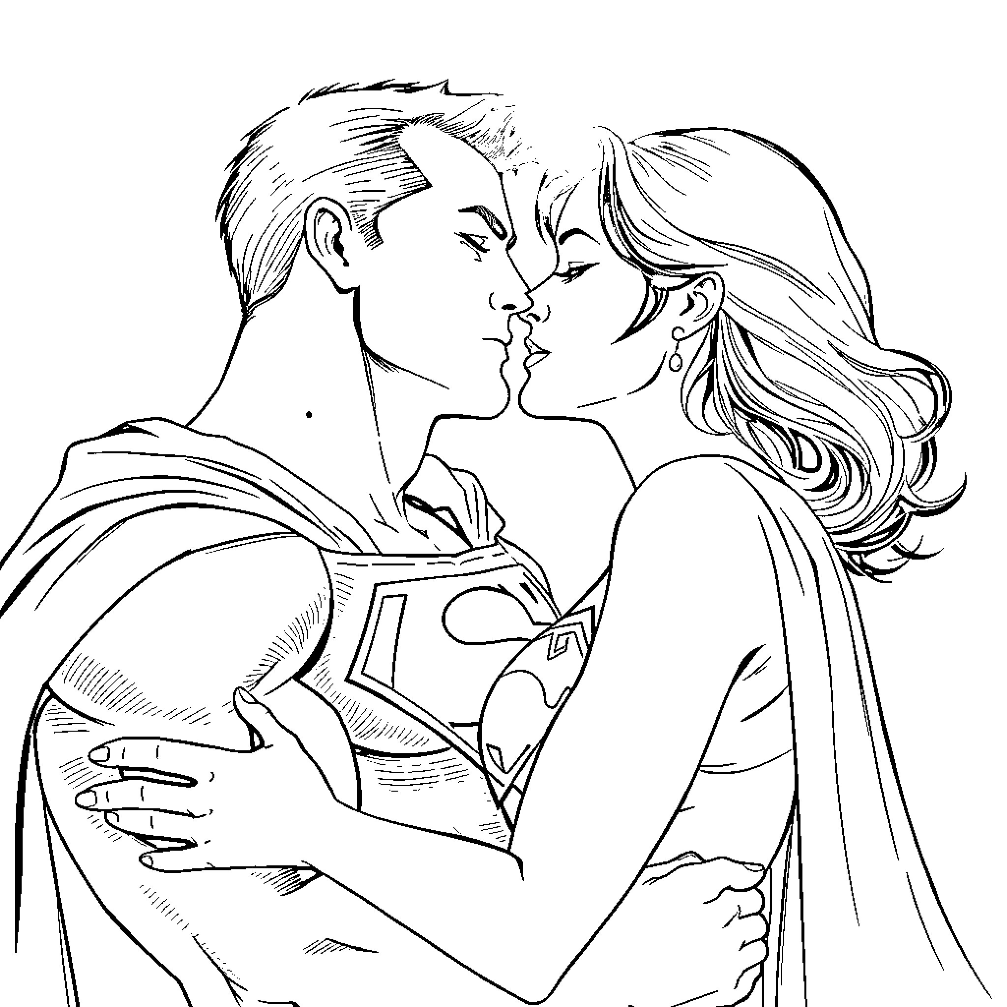 Superman and his love in romantic embrace Coloring Page (free black-and-white line drawing printable PDF for all, from beginners to advanced learners, including children, teens, adults, and seniors)