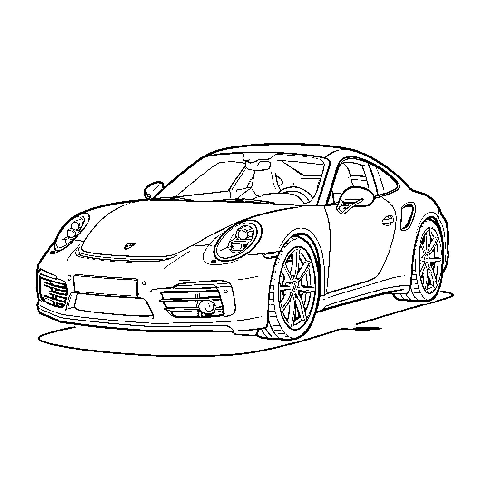 Porsche sports car parked on a flat surface Coloring Page (free black-and-white line drawing printable PDF for all, from beginners to advanced learners, including children, teens, adults, and seniors)
