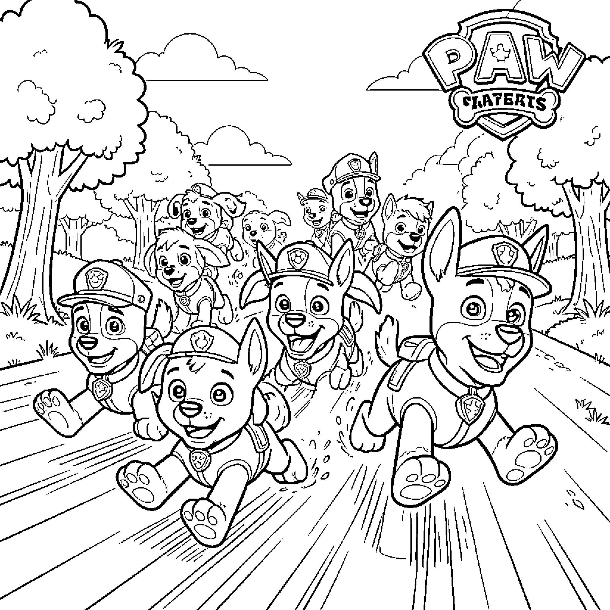 Paw Patrol pups running happily through a park Coloring Page (free black-and-white line drawing printable PDF for all, from beginners to advanced learners, including children, teens, adults, and seniors)