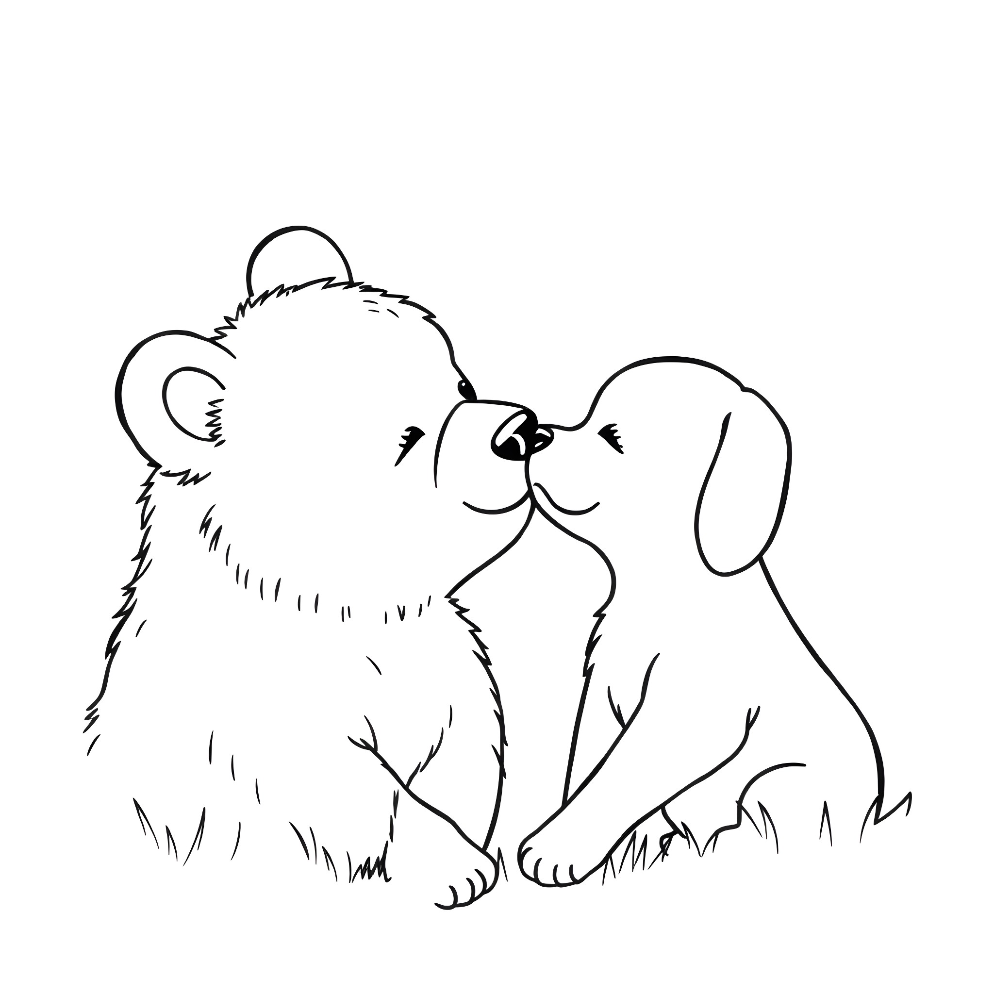 Bear and Dog Embracing in Affection Coloring Page (free black-and-white line drawing printable PDF for all, from beginners to advanced learners, including children, teens, adults, and seniors)