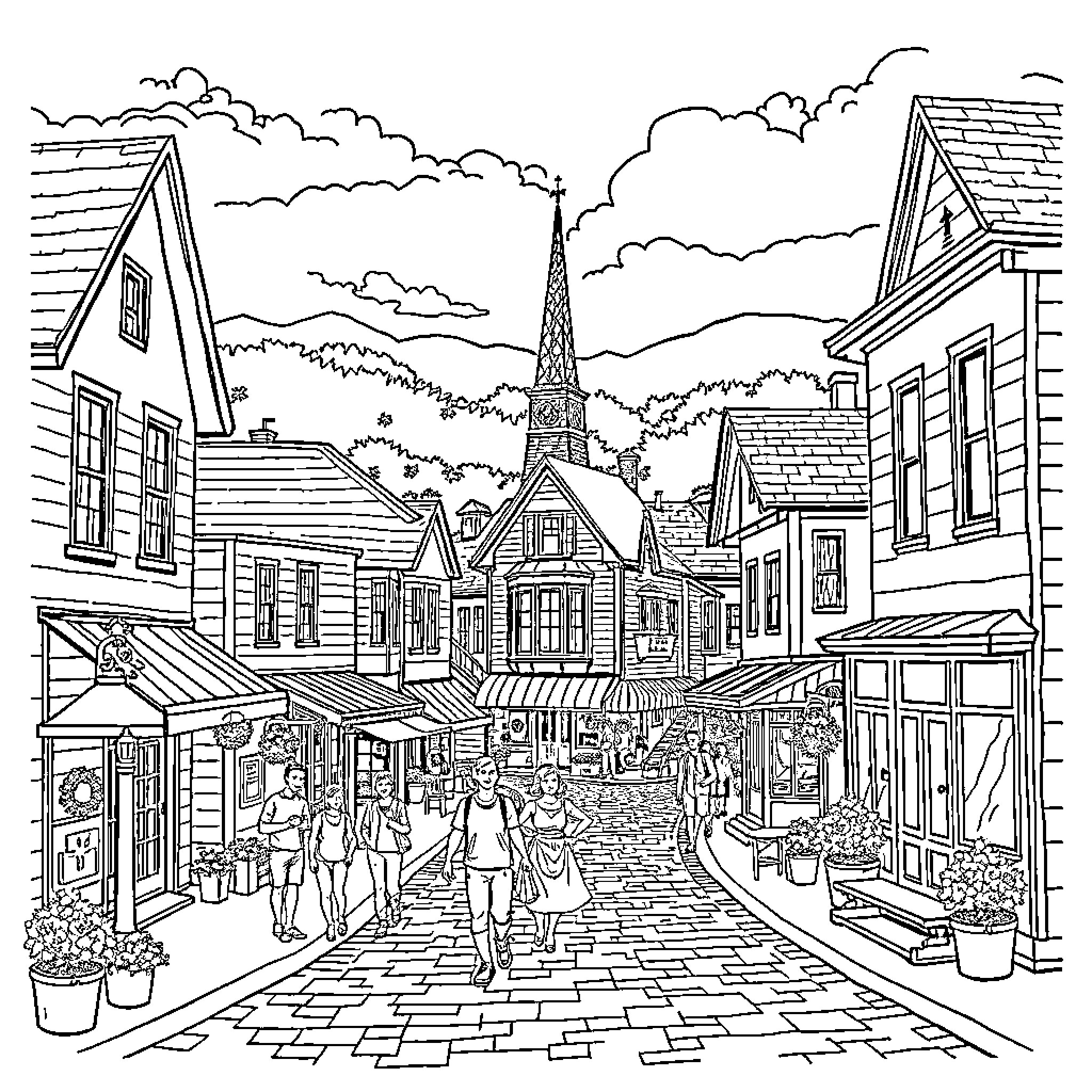 Eddystone Quaint Street Scene with Pedestrians Coloring Page (free black-and-white line drawing printable PDF for all, from beginners to advanced learners, including children, teens, adults, and seniors)