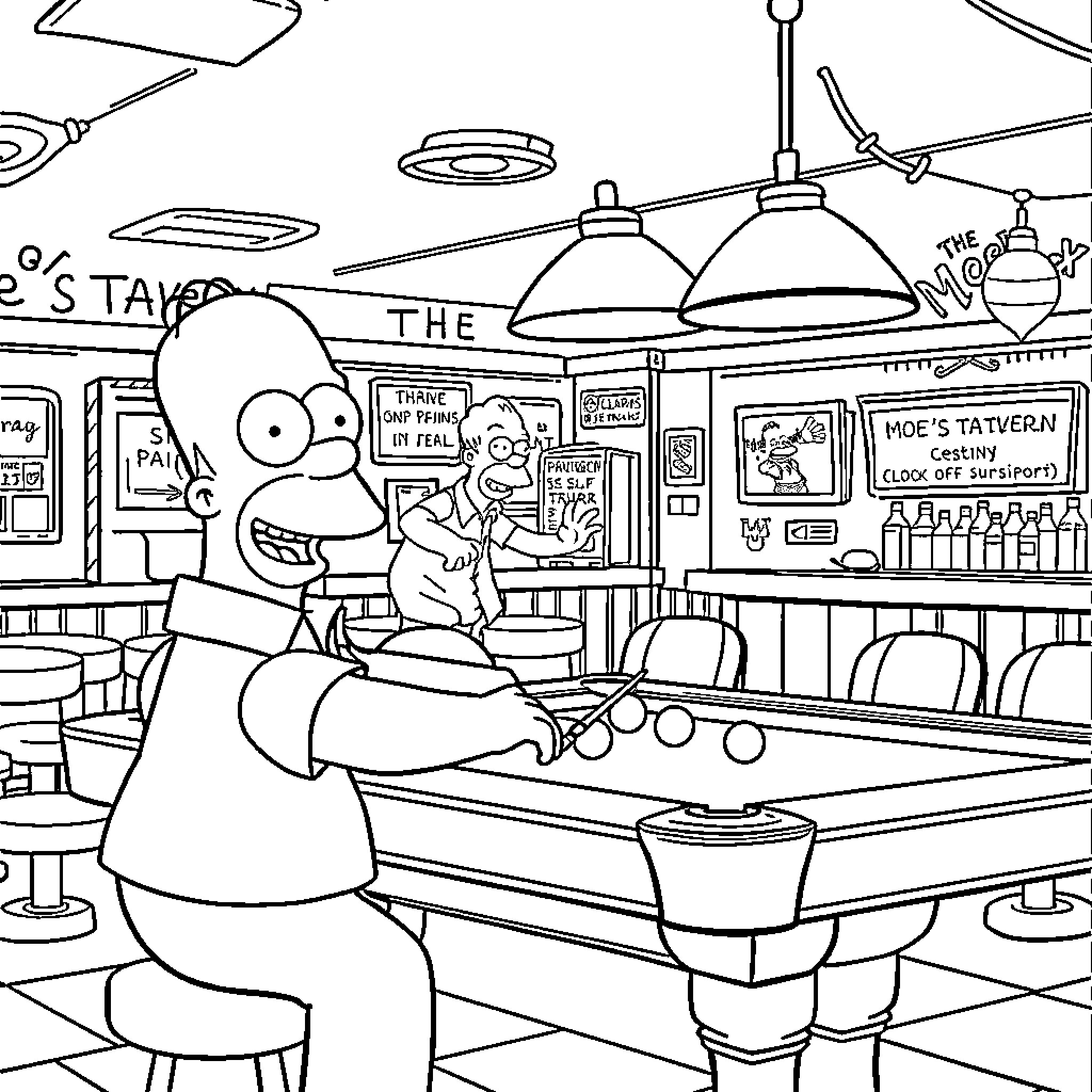 Homer Simpson playing pool at Moe's Tavern Coloring Page (free black-and-white line drawing printable PDF for all, from beginners to advanced learners, including children, teens, adults, and seniors)