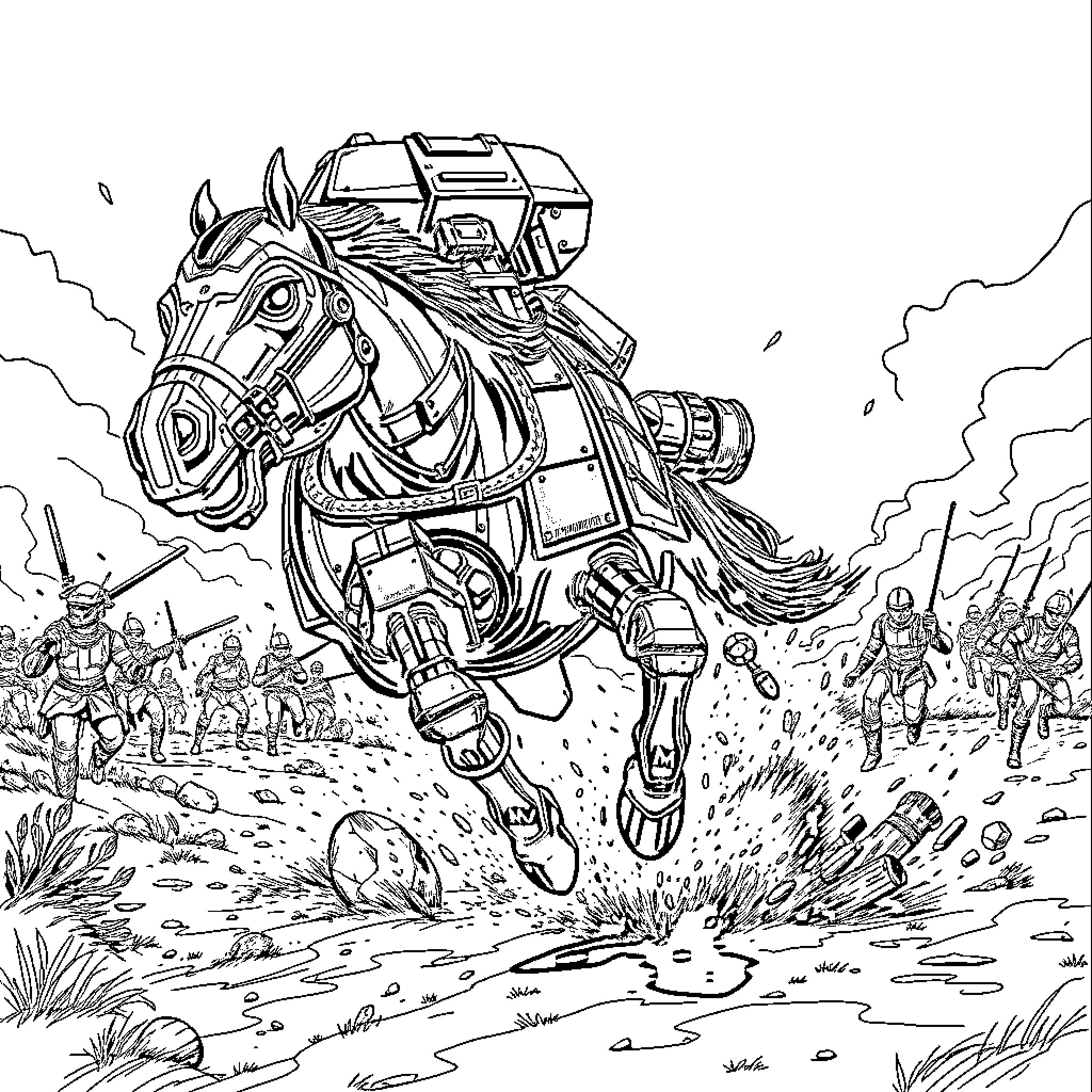 Gypsy Danger: Robotic Juggernaut Charges into Battle Coloring Page (free black-and-white line drawing printable PDF for all, from beginners to advanced learners, including children, teens, adults, and seniors)