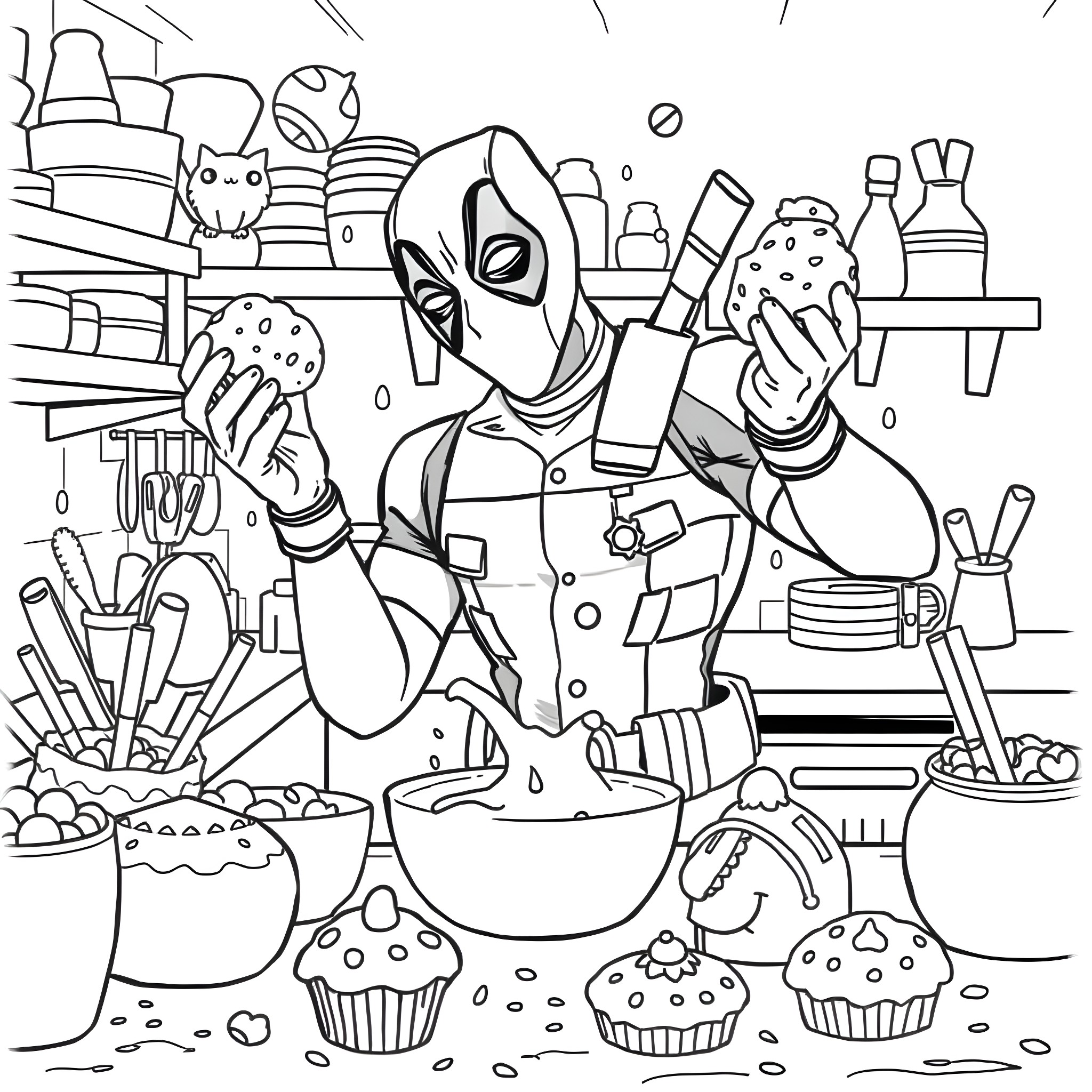 Deadpool's Chaotic Kitchen Adventure Coloring Page (free black-and-white line drawing printable PDF for all, from beginners to advanced learners, including children, teens, adults, and seniors)
