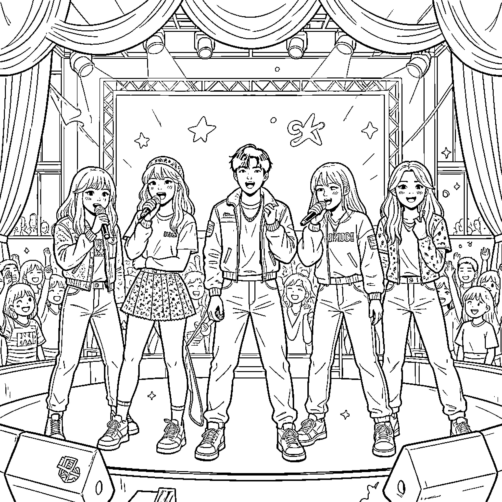 Kpop group performing songs on a stage Coloring Page (free black-and-white line drawing printable PDF for all, from beginners to advanced learners, including children, teens, adults, and seniors)