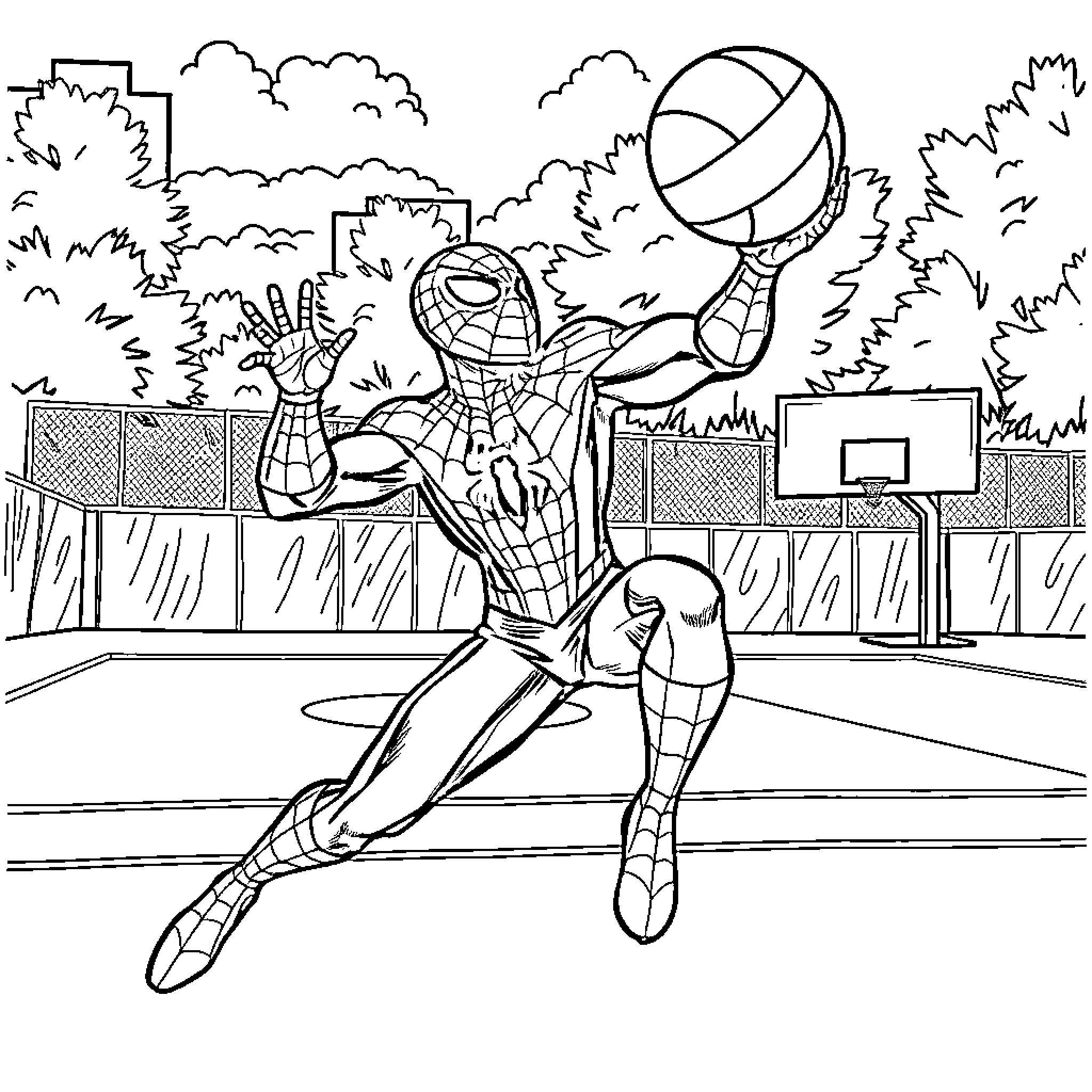 Spiderman playing volleyball in the park Coloring Page (free black-and-white line drawing printable PDF for all, from beginners to advanced learners, including children, teens, adults, and seniors)