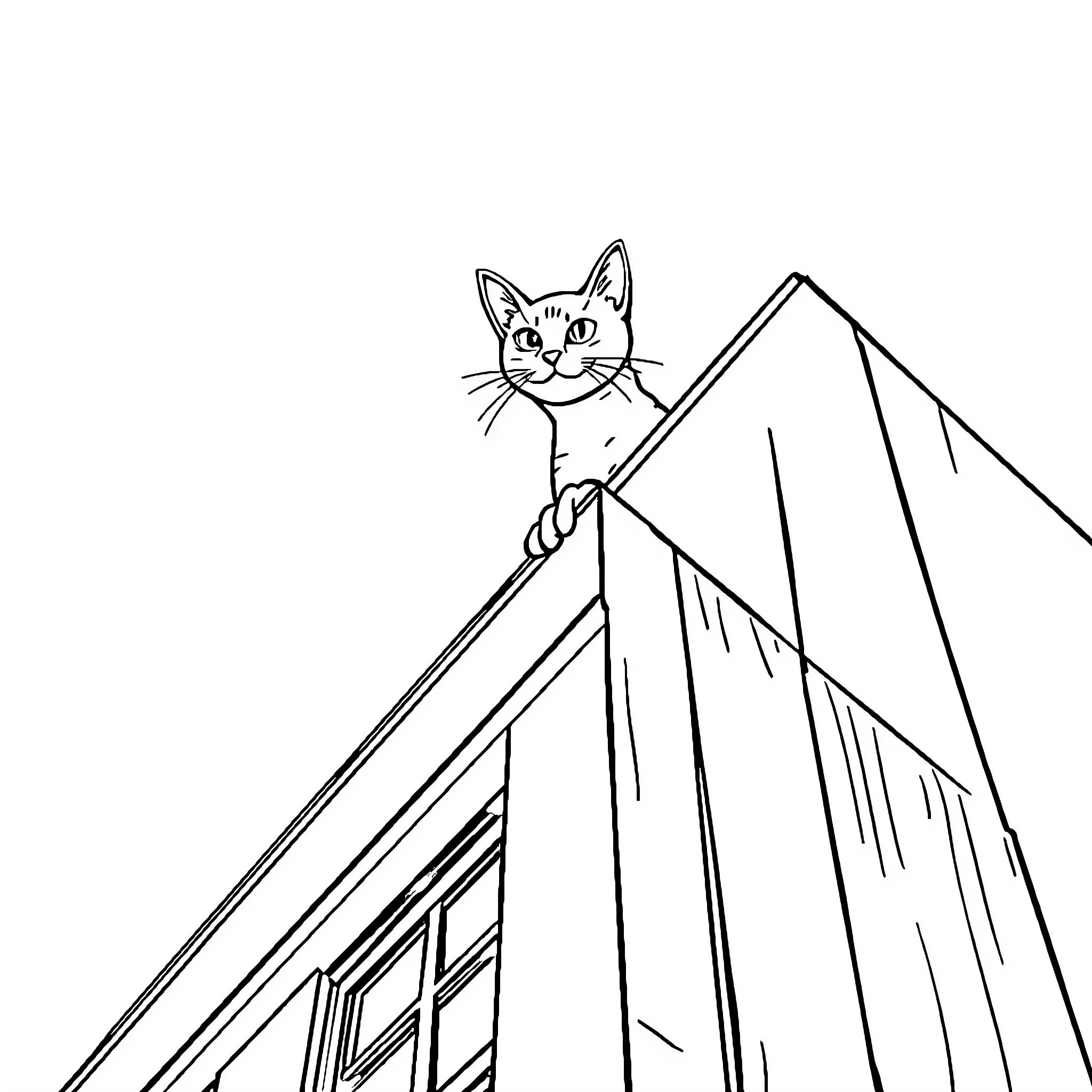 Cat peering curiously from atop a building Coloring Page (free black-and-white line drawing printable PDF for all, from beginners to advanced learners, including children, teens, adults, and seniors)