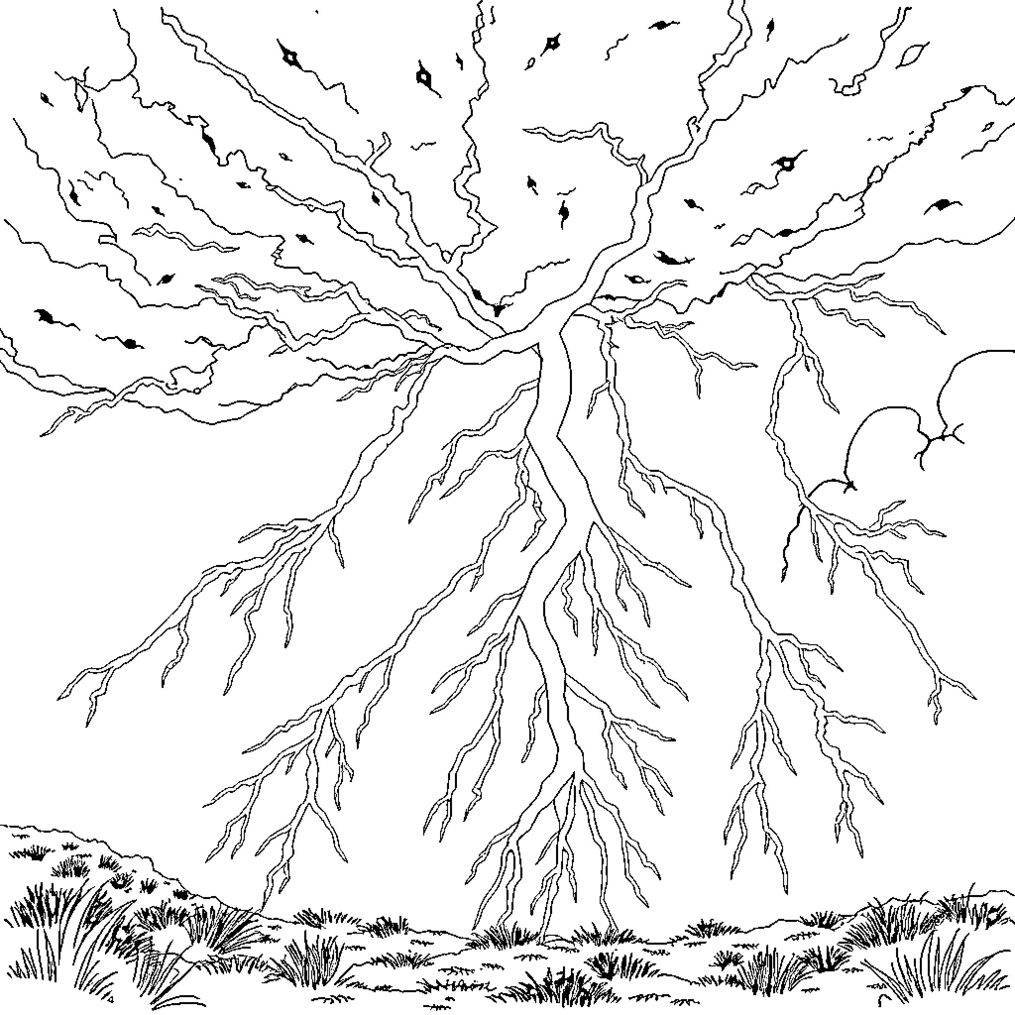 Lightning striking across a stormy sky Coloring Page (free black-and-white line drawing printable PDF for all, from beginners to advanced learners, including children, teens, adults, and seniors)