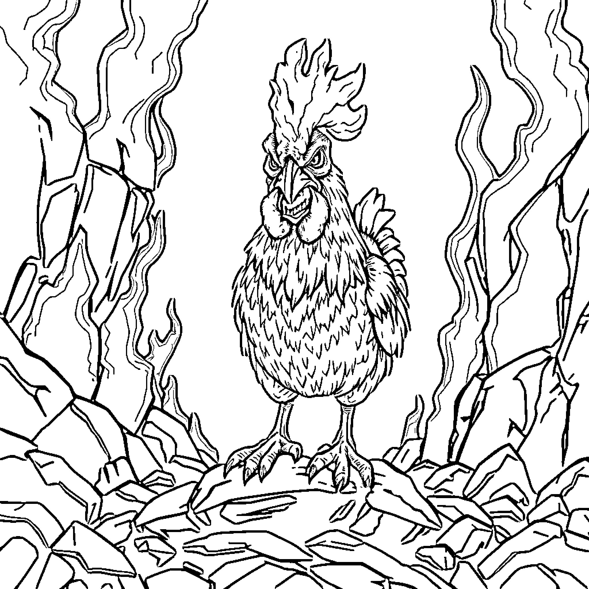 Chicken standing confidently in a chaotic scene Coloring Page (free black-and-white line drawing printable PDF for all, from beginners to advanced learners, including children, teens, adults, and seniors)