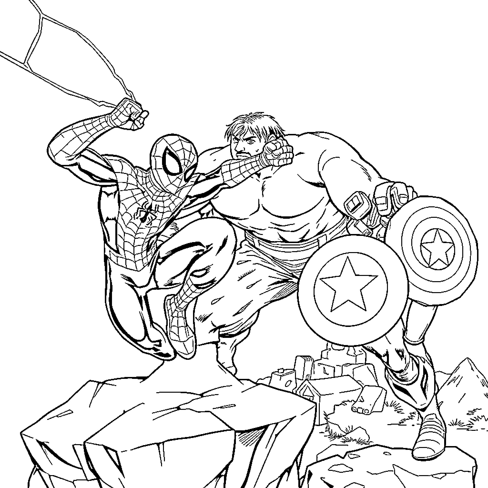 Spiderman and Avengers team up for action-packed adventure Coloring Page (free black-and-white line drawing printable PDF for all, from beginners to advanced learners, including children, teens, adults, and seniors)