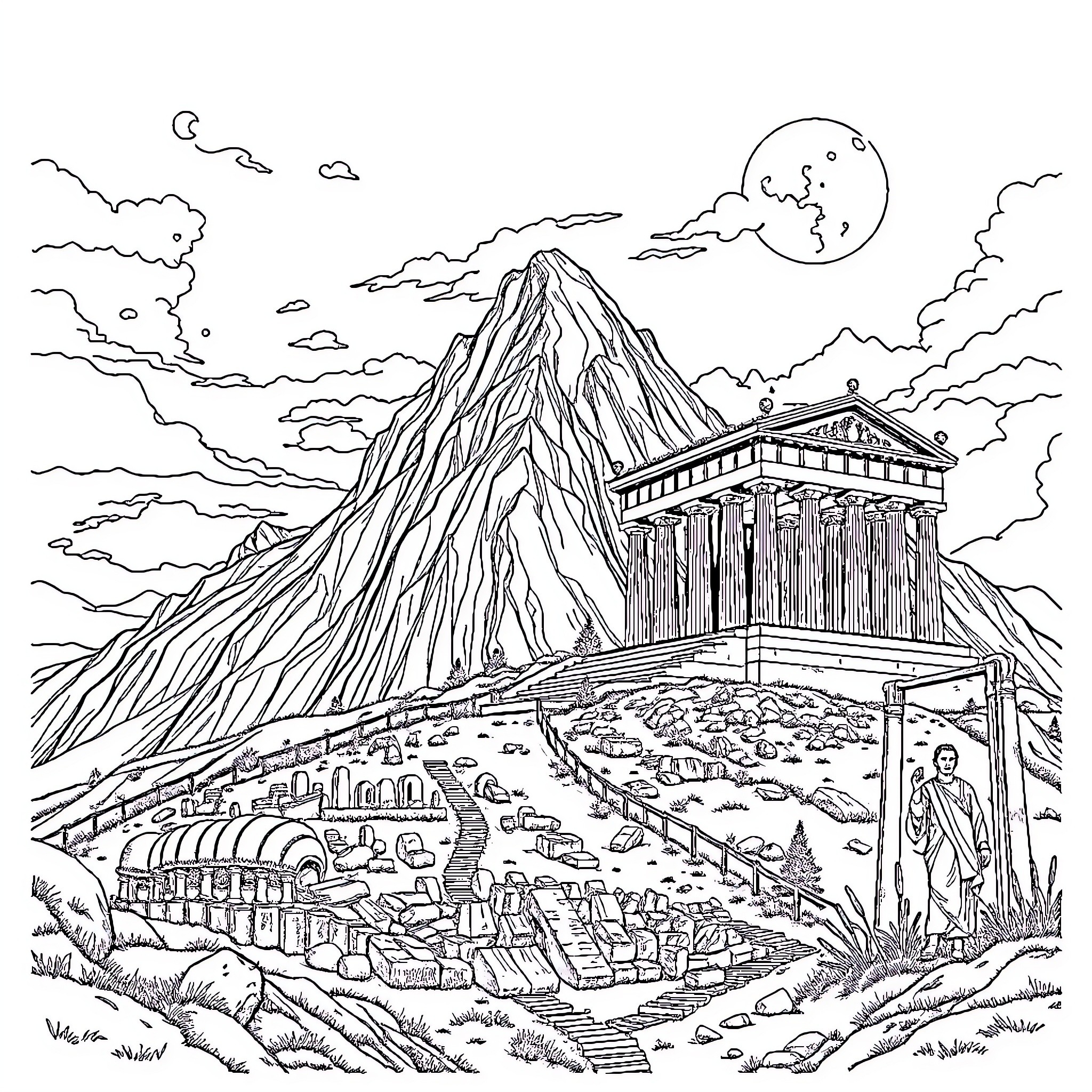 Mountain Landscape with Ancient Greek Temple Coloring Page (free black-and-white line drawing printable PDF for all, from beginners to advanced learners, including children, teens, adults, and seniors)