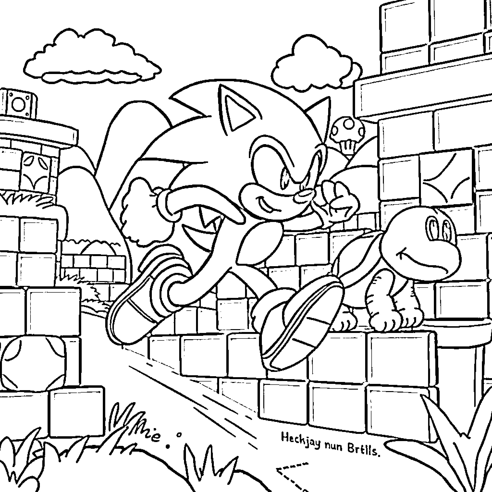 Sonic's Whimsical Adventure in the City Coloring Page (free black-and-white line drawing printable PDF for all, from beginners to advanced learners, including children, teens, adults, and seniors)