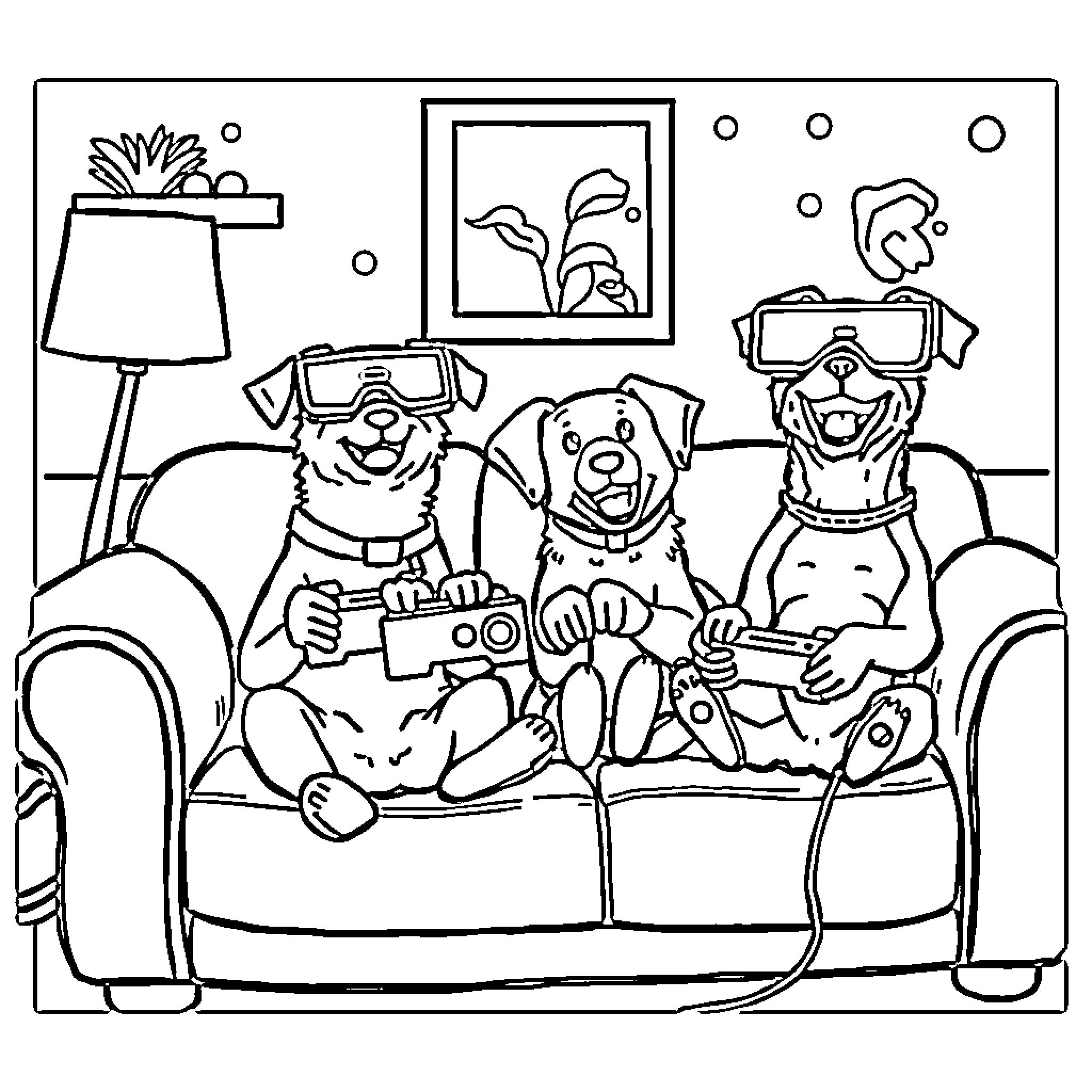 Dogs enjoying virtual reality games on the couch Coloring Page (free black-and-white line drawing printable PDF for all, from beginners to advanced learners, including children, teens, adults, and seniors)