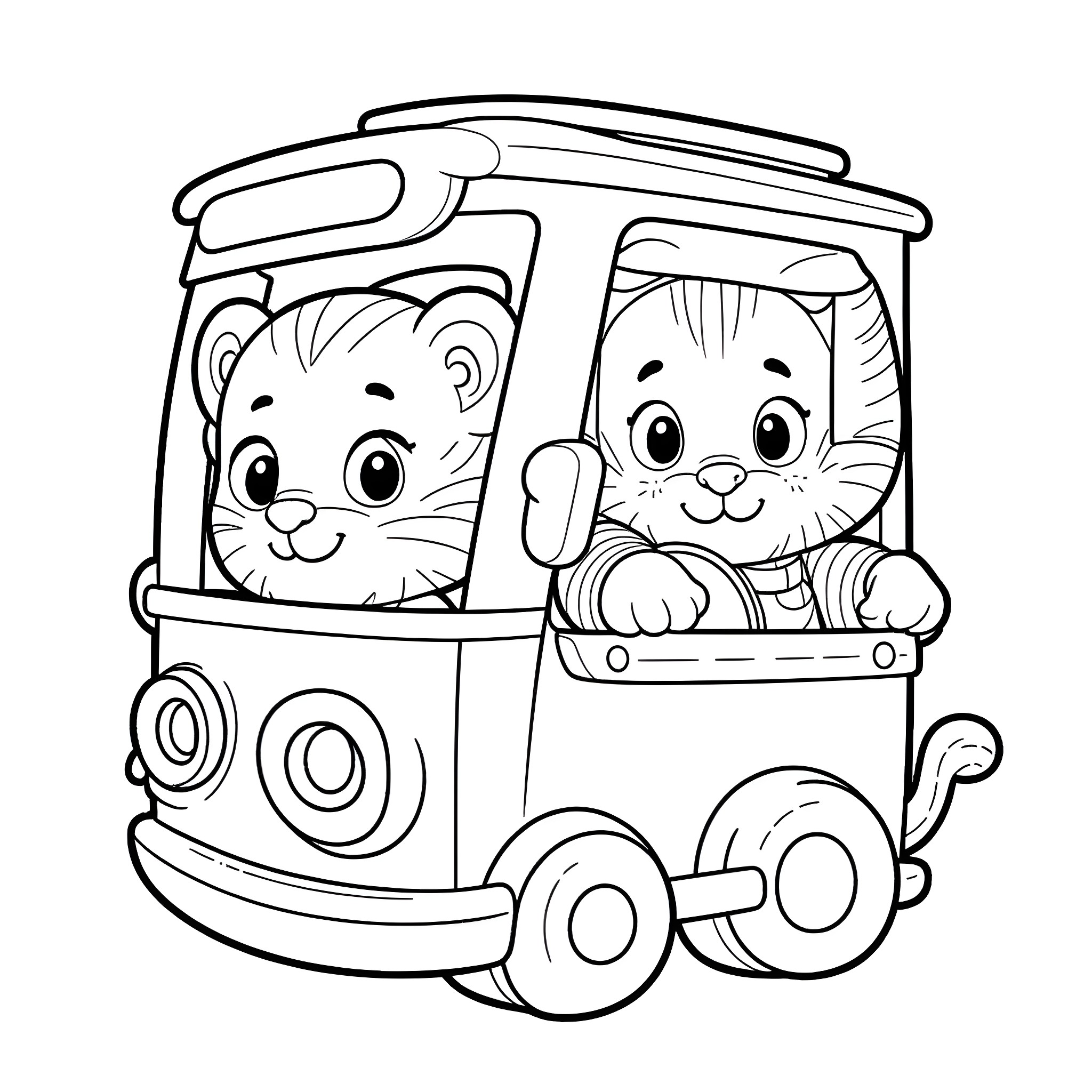 Daniel Tiger Riding in a Cute Train Coloring Page (free black-and-white line drawing printable PDF for all, from beginners to advanced learners, including children, teens, adults, and seniors)