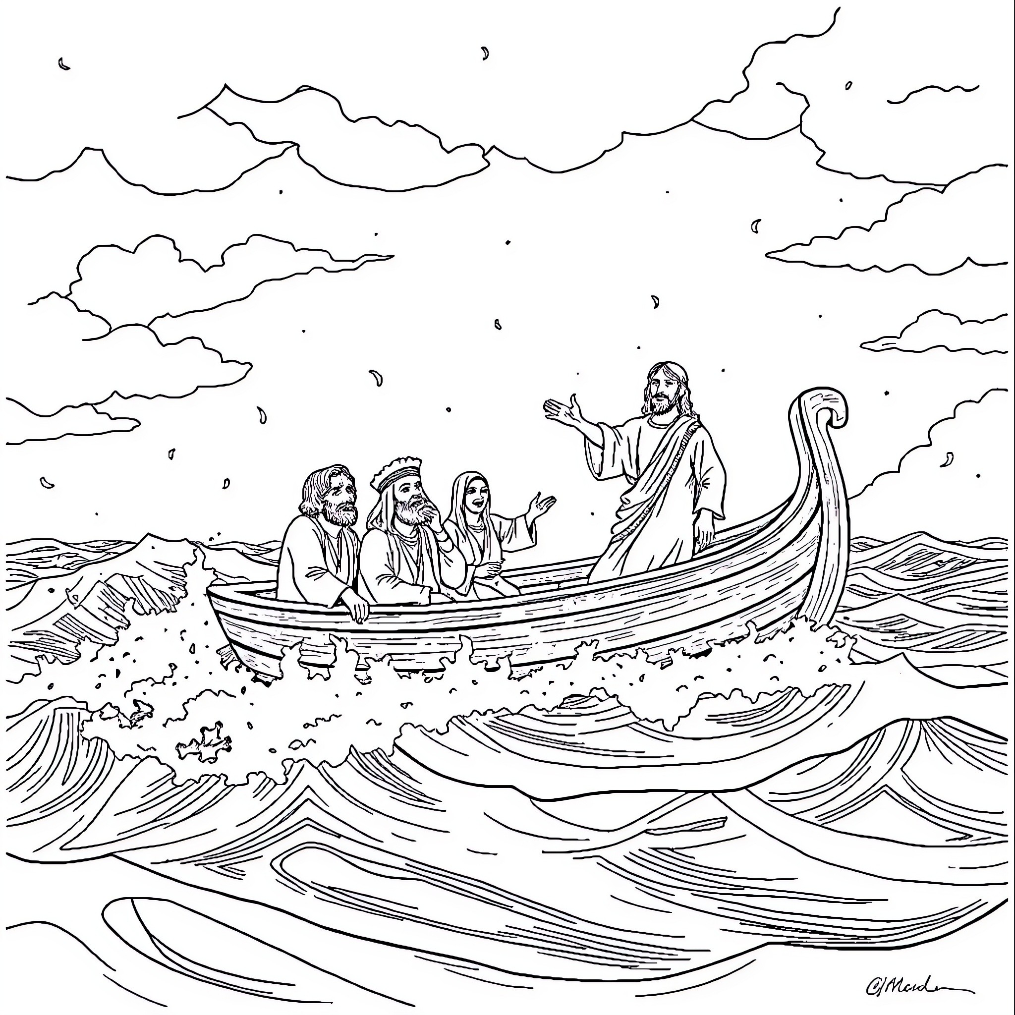 Barca Crossing the Stormy Sea with Passengers Coloring Page (free black-and-white line drawing printable PDF for all, from beginners to advanced learners, including children, teens, adults, and seniors)