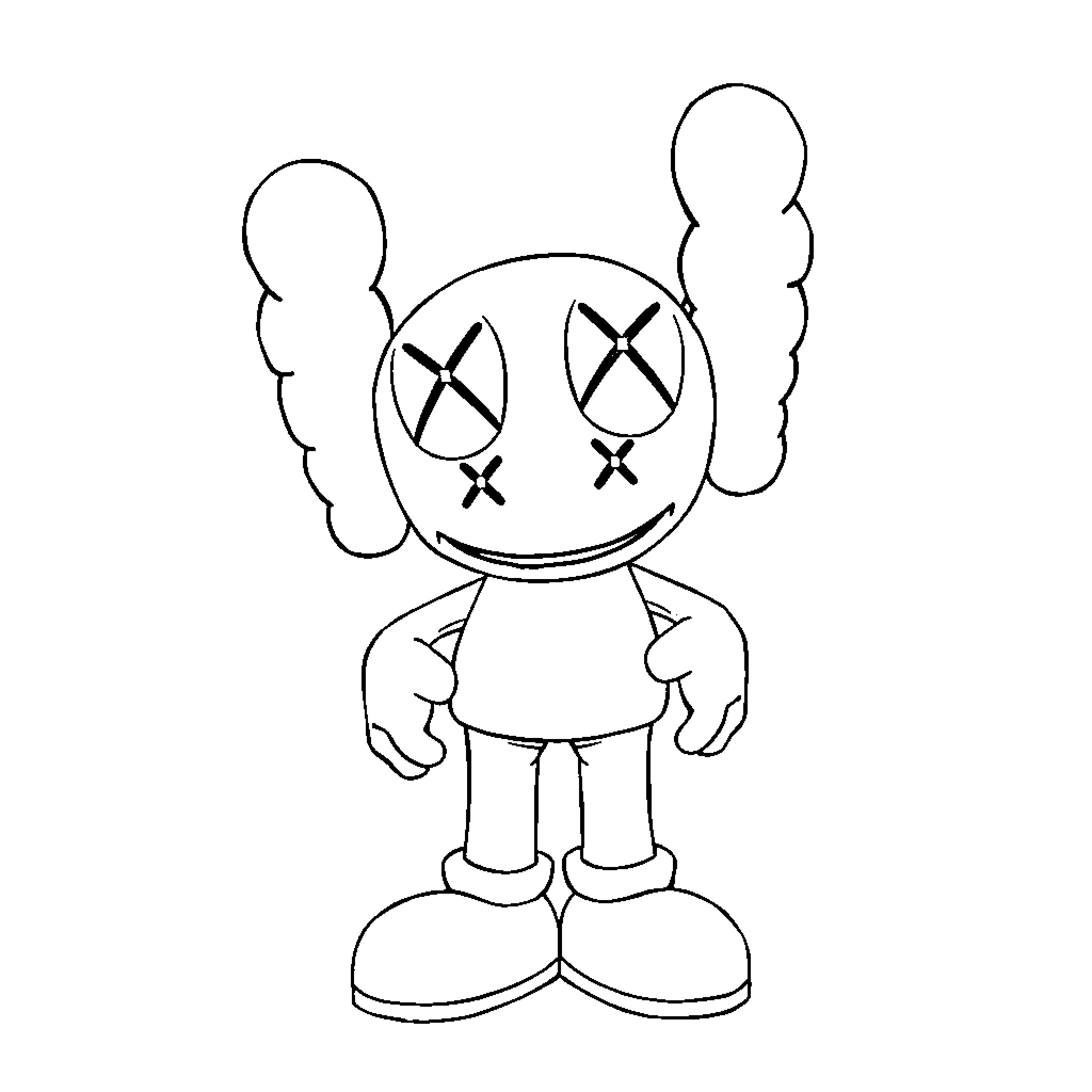 Kaws character with x-marked eyes and expression Coloring Page (free black-and-white line drawing printable PDF for all, from beginners to advanced learners, including children, teens, adults, and seniors)