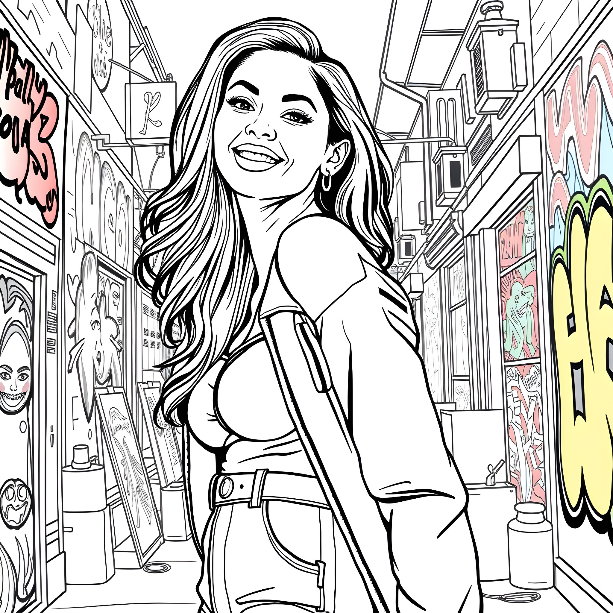 Latina woman smiling confidently in urban setting Coloring Page (free black-and-white line drawing printable PDF for all, from beginners to advanced learners, including children, teens, adults, and seniors)