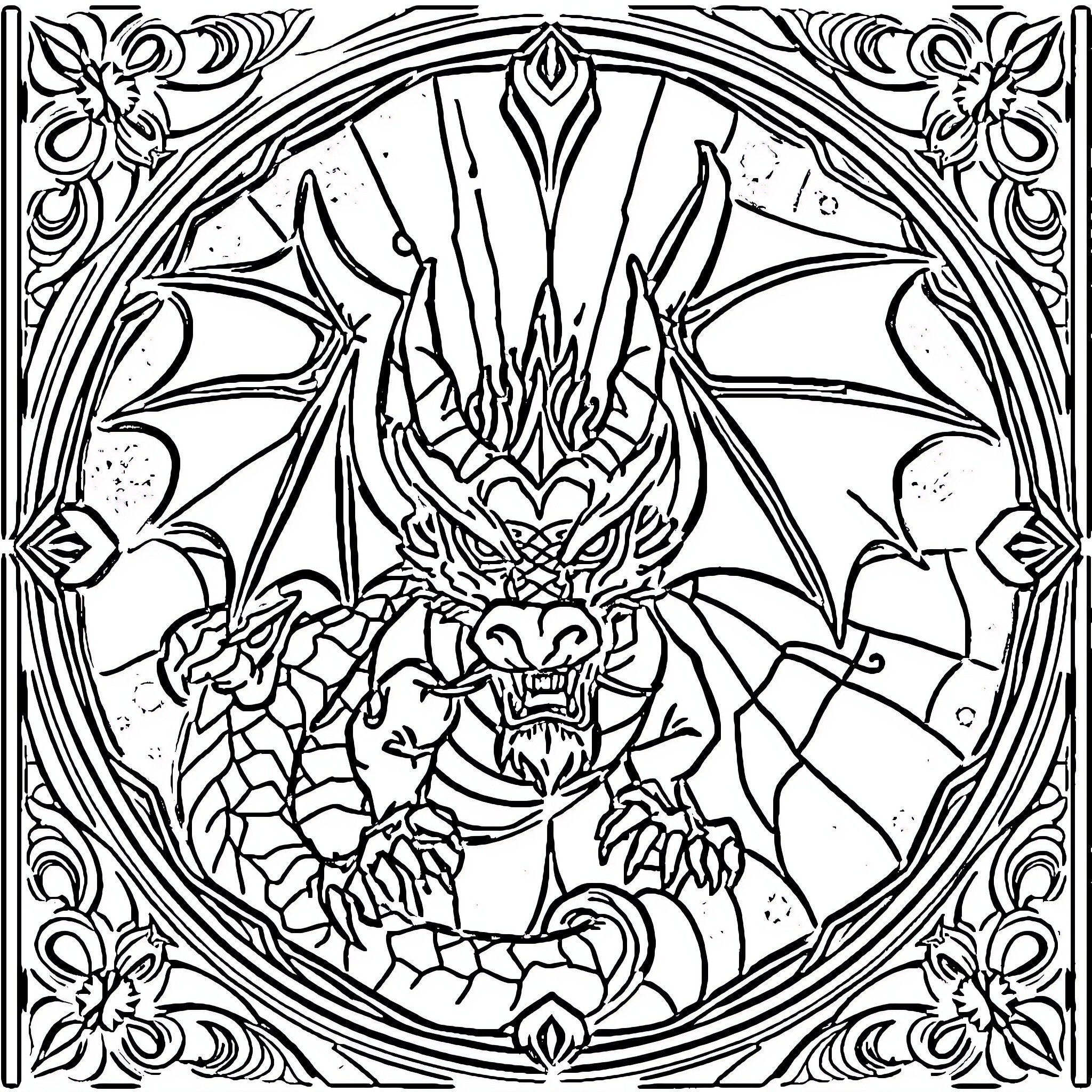 Dragon in a Decorative Circular Frame Coloring Page (free black-and-white line drawing printable PDF for all, from beginners to advanced learners, including children, teens, adults, and seniors)