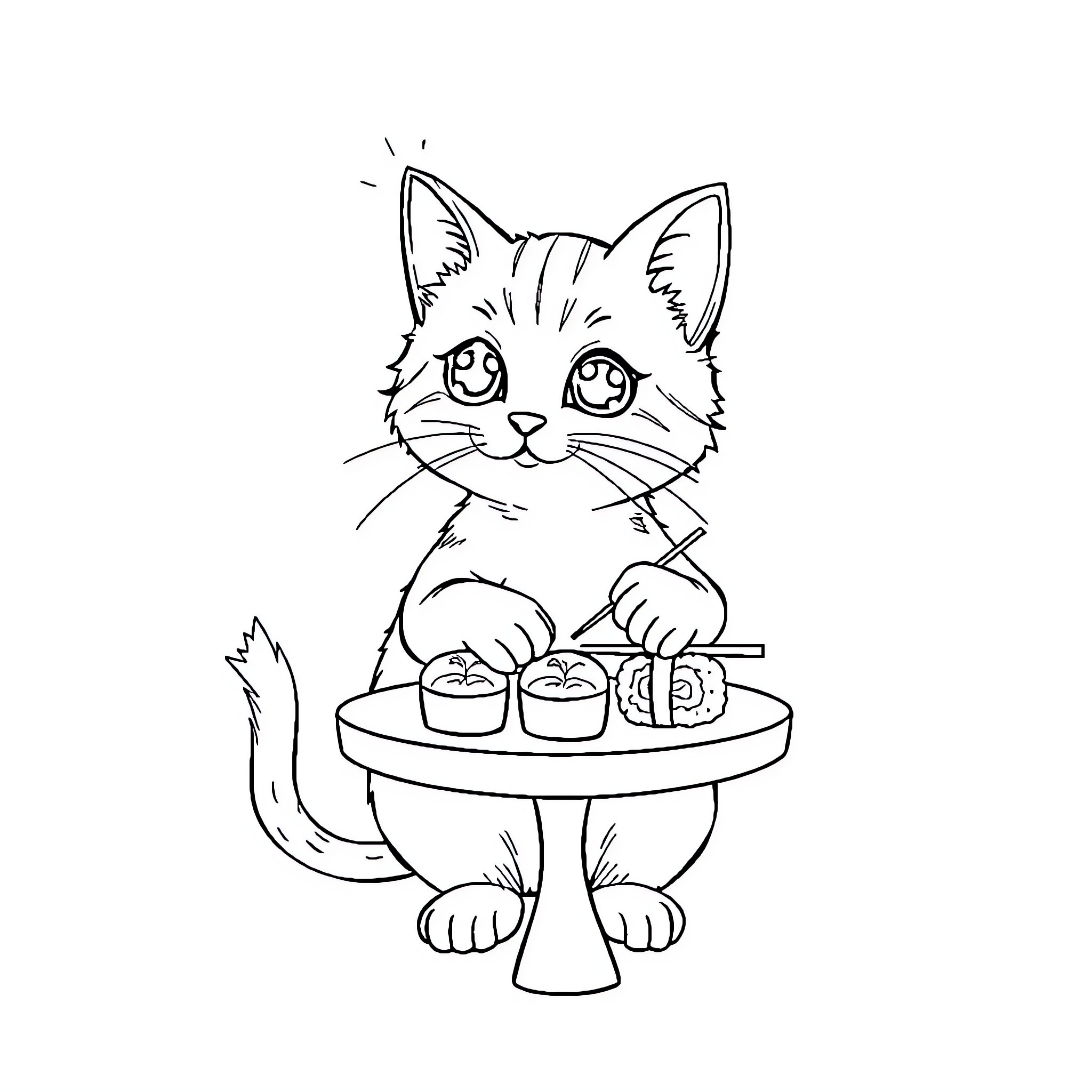 Cat Enjoys Snacks on Small Table Coloring Page (free black-and-white line drawing printable PDF for all, from beginners to advanced learners, including children, teens, adults, and seniors)