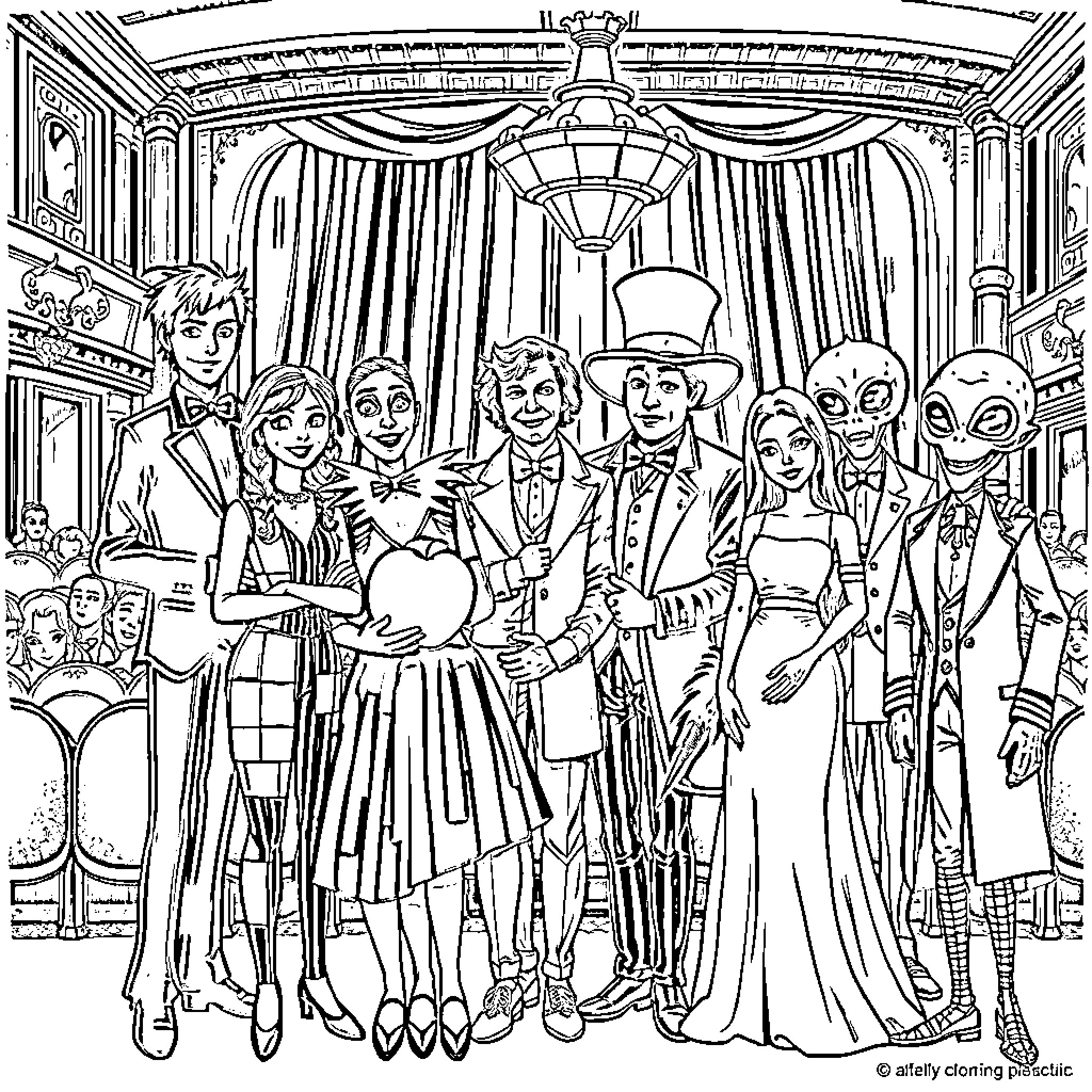 Character Gathering in a Formal Setting Coloring Page (free black-and-white line drawing printable PDF for all, from beginners to advanced learners, including children, teens, adults, and seniors)