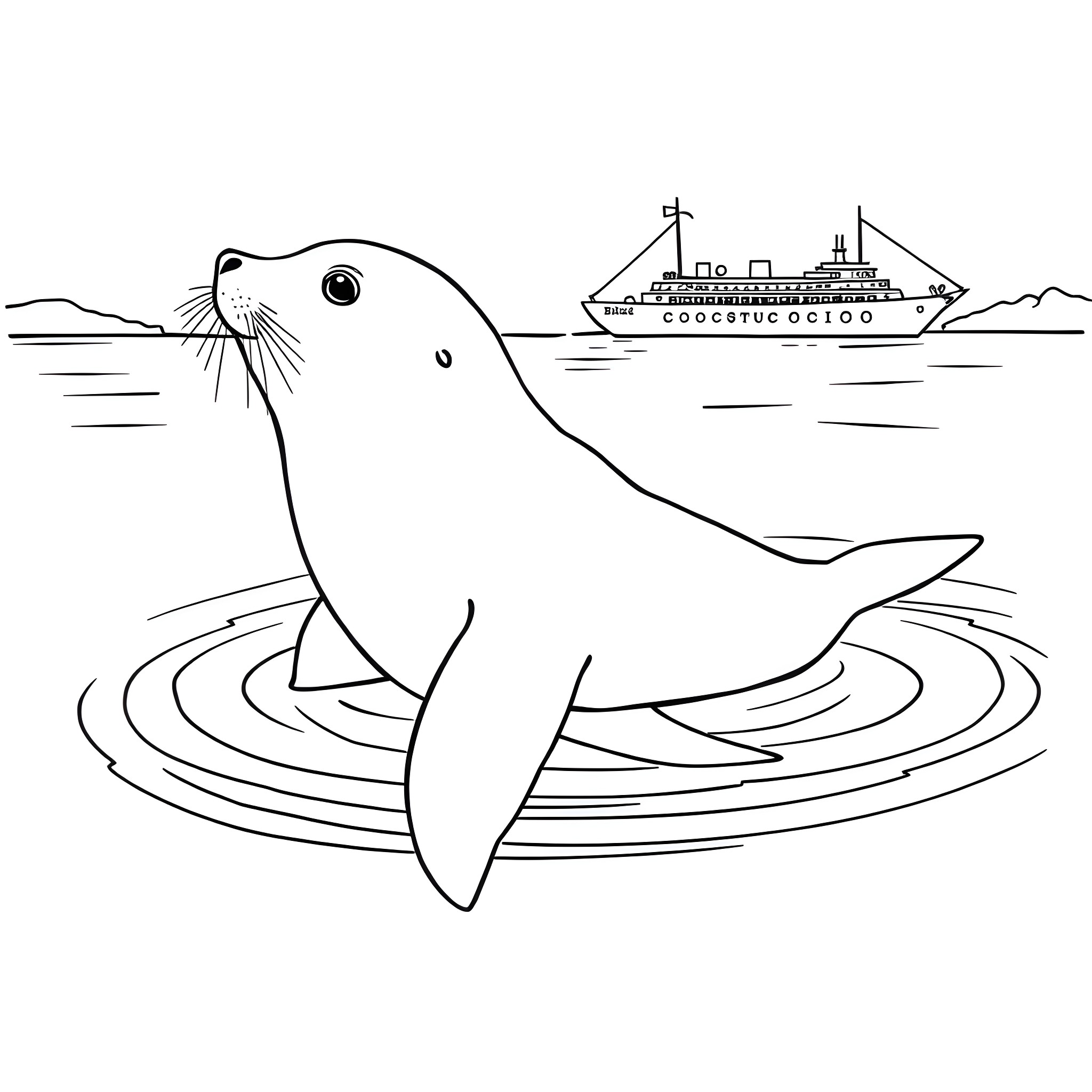 Seal swimming near cruise ship in the ocean Coloring Page (free black-and-white line drawing printable PDF for all, from beginners to advanced learners, including children, teens, adults, and seniors)