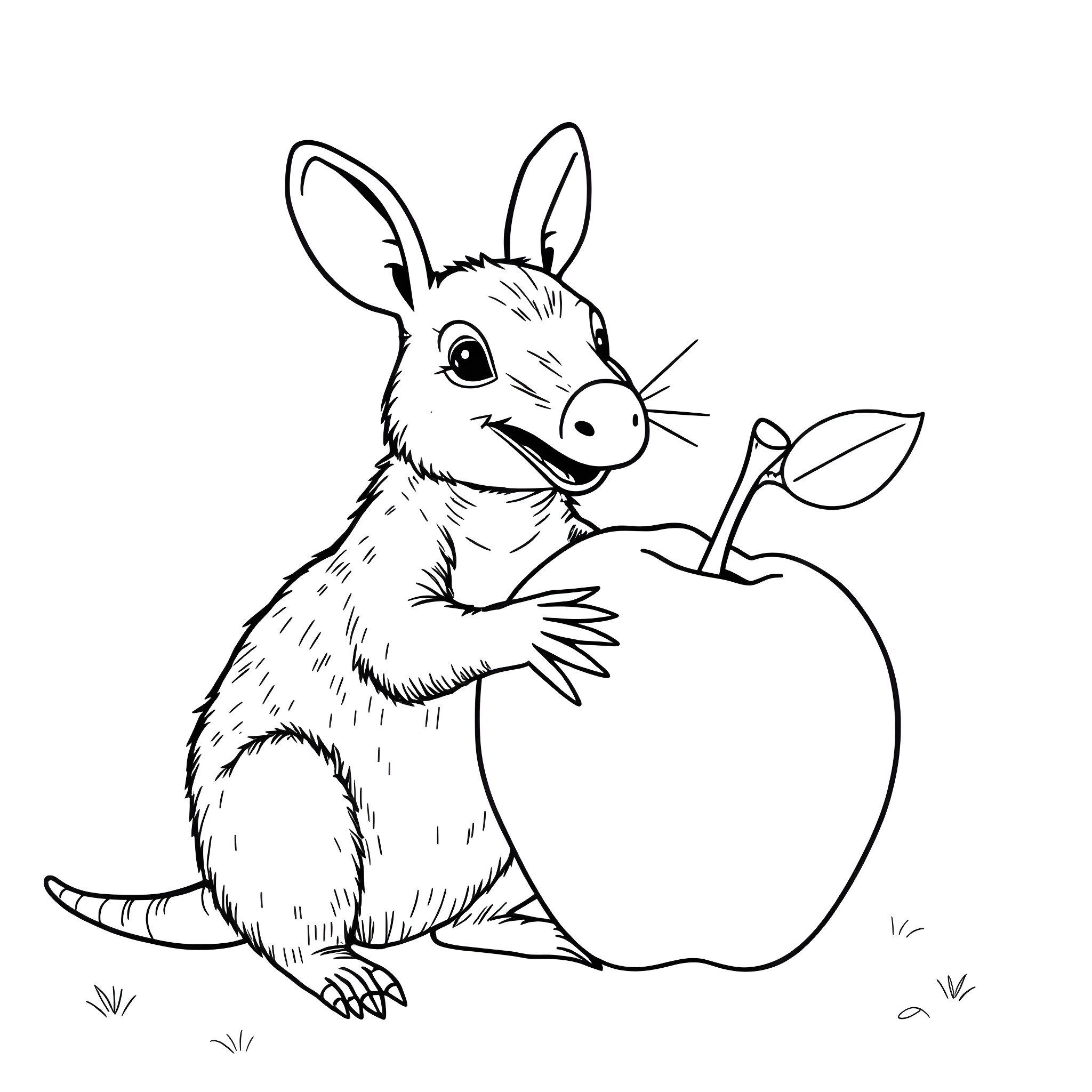 Aardvark snuggling a big juicy apple Coloring Page (free black-and-white line drawing printable PDF for all, from beginners to advanced learners, including children, teens, adults, and seniors)