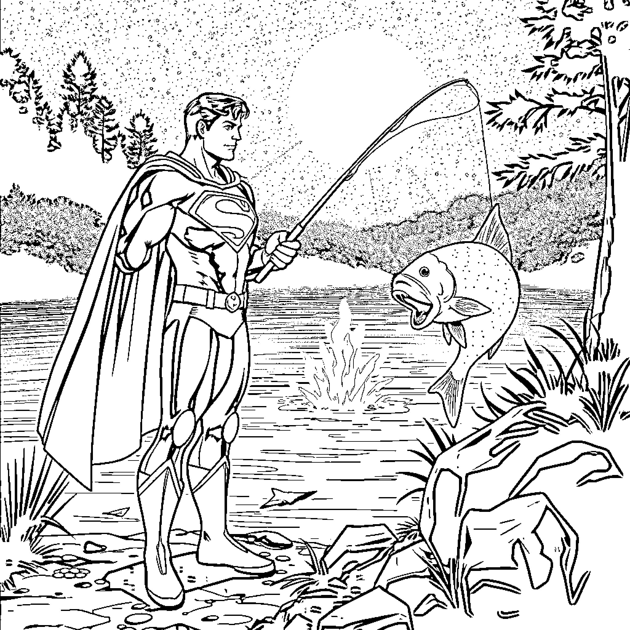 Superman Fishing in Serene Nature Coloring Page (free black-and-white line drawing printable PDF for all, from beginners to advanced learners, including children, teens, adults, and seniors)