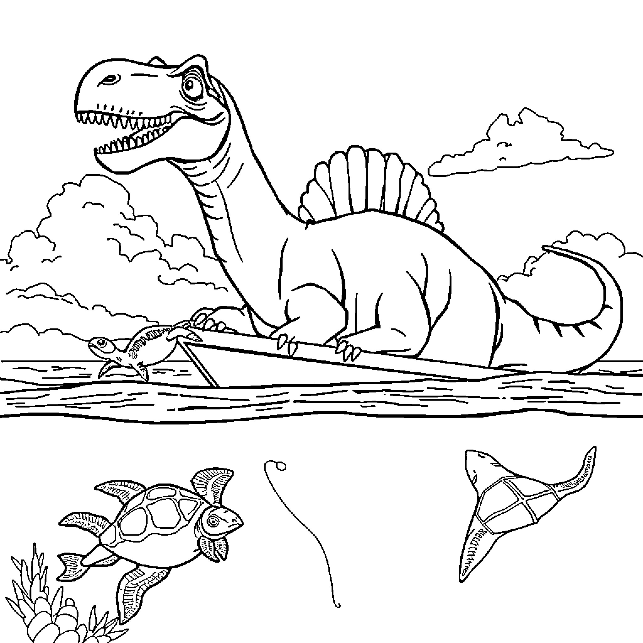Brachiosaurus enjoying a swim with underwater creatures Coloring Page (free black-and-white line drawing printable PDF for all, from beginners to advanced learners, including children, teens, adults, and seniors)