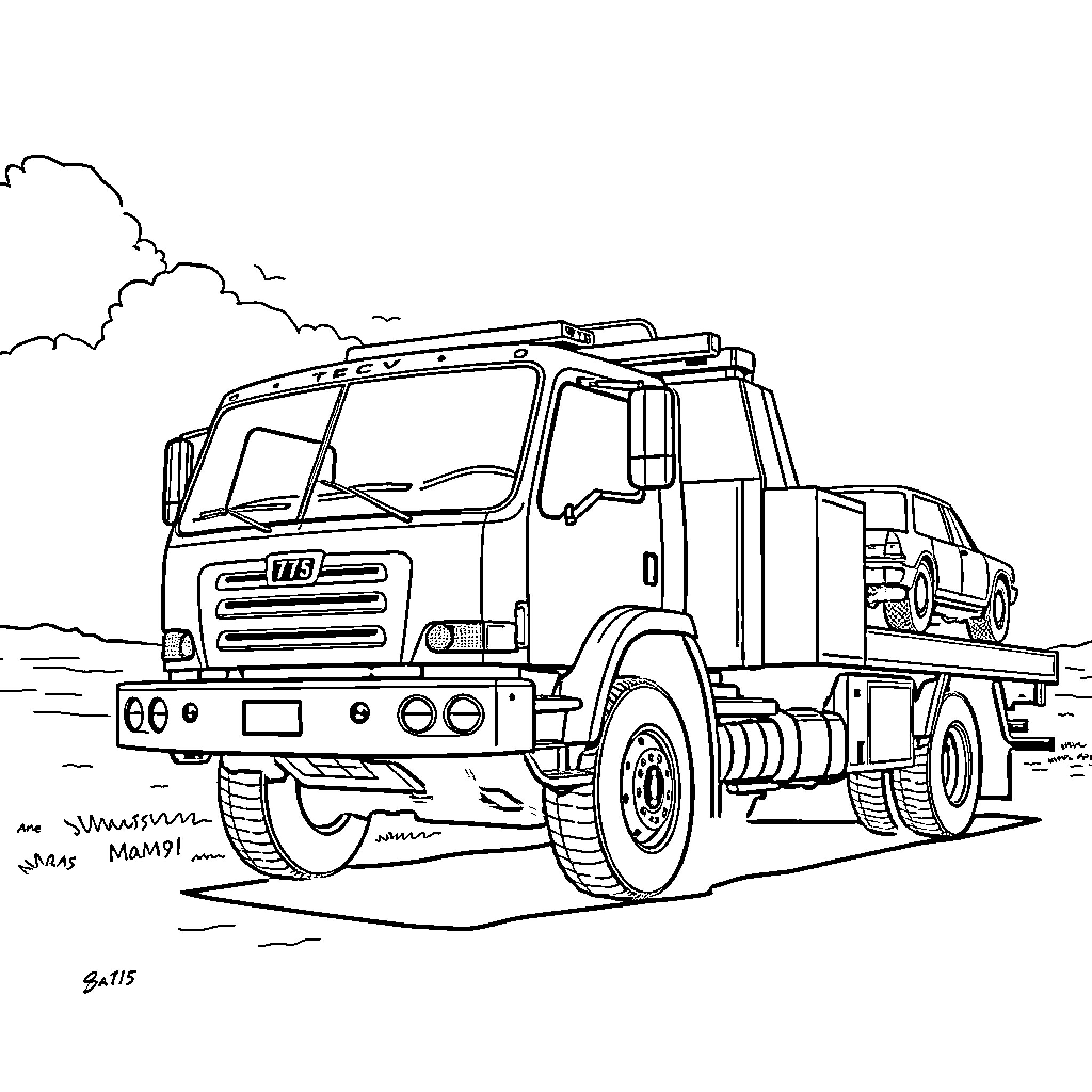 Truck transporting heavy equipment on the road Coloring Page (free black-and-white line drawing printable PDF for all, from beginners to advanced learners, including children, teens, adults, and seniors)
