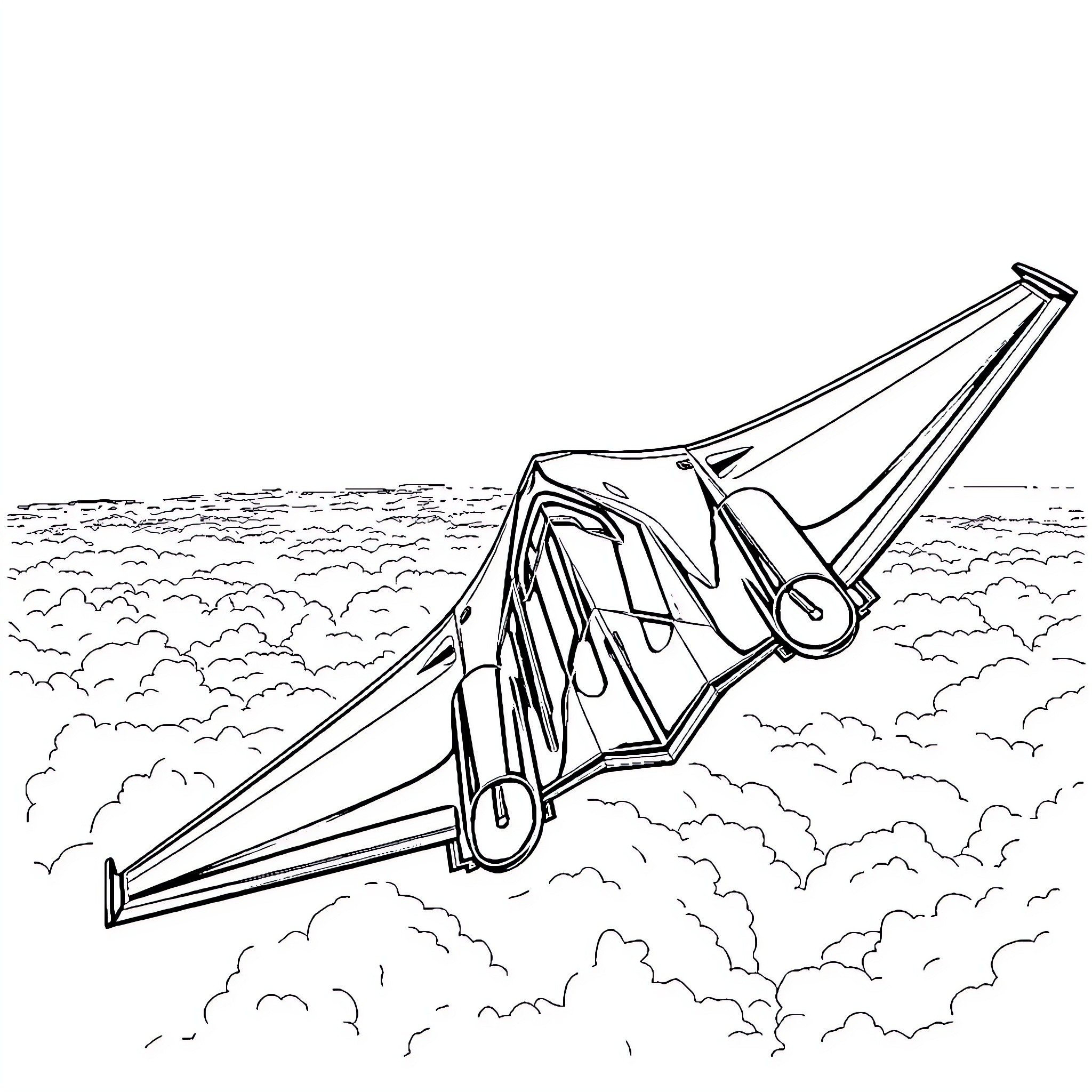SR-71 Blackbird aircraft in flight over clouds Coloring Page (free black-and-white line drawing printable PDF for all, from beginners to advanced learners, including children, teens, adults, and seniors)