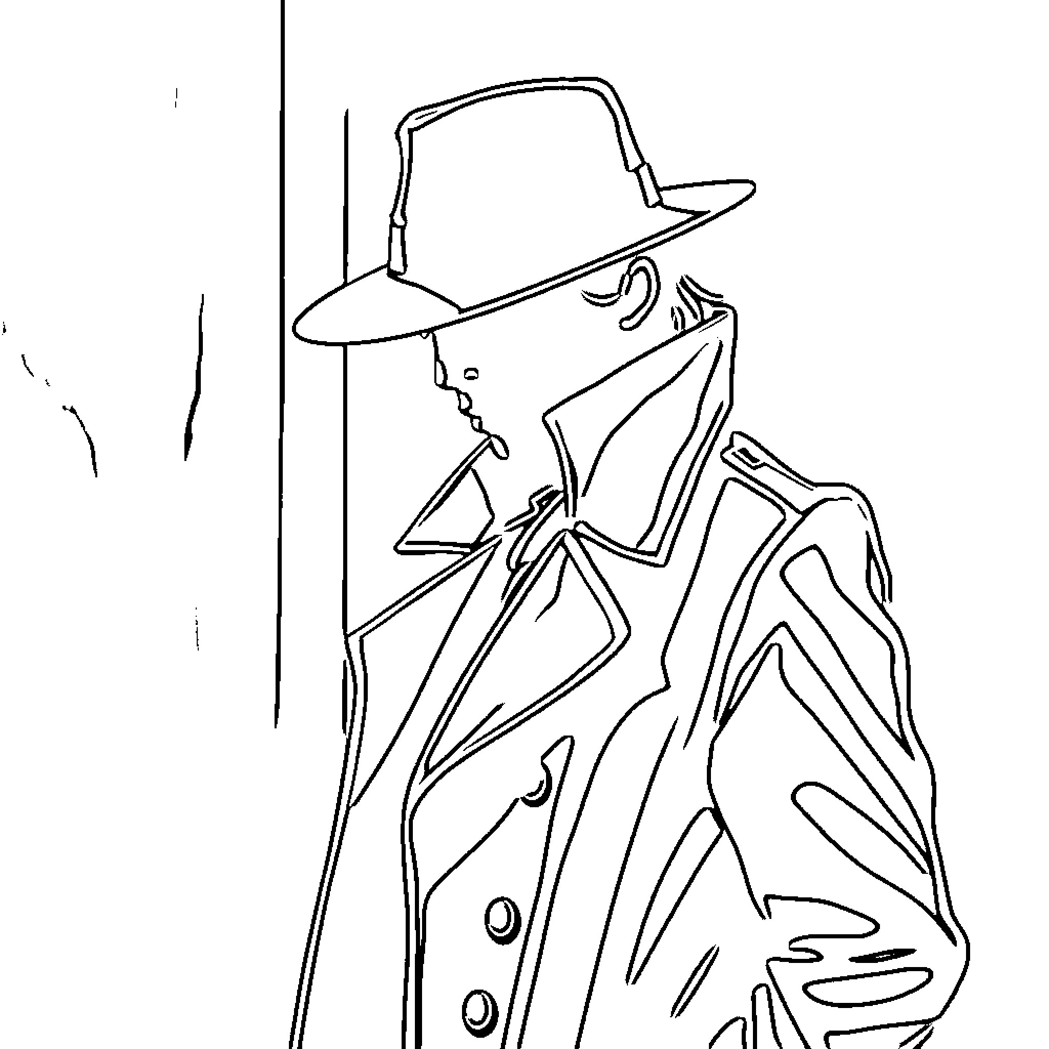 Agent in Mysterious Trench Coat Coloring Page (free black-and-white line drawing printable PDF for all, from beginners to advanced learners, including children, teens, adults, and seniors)