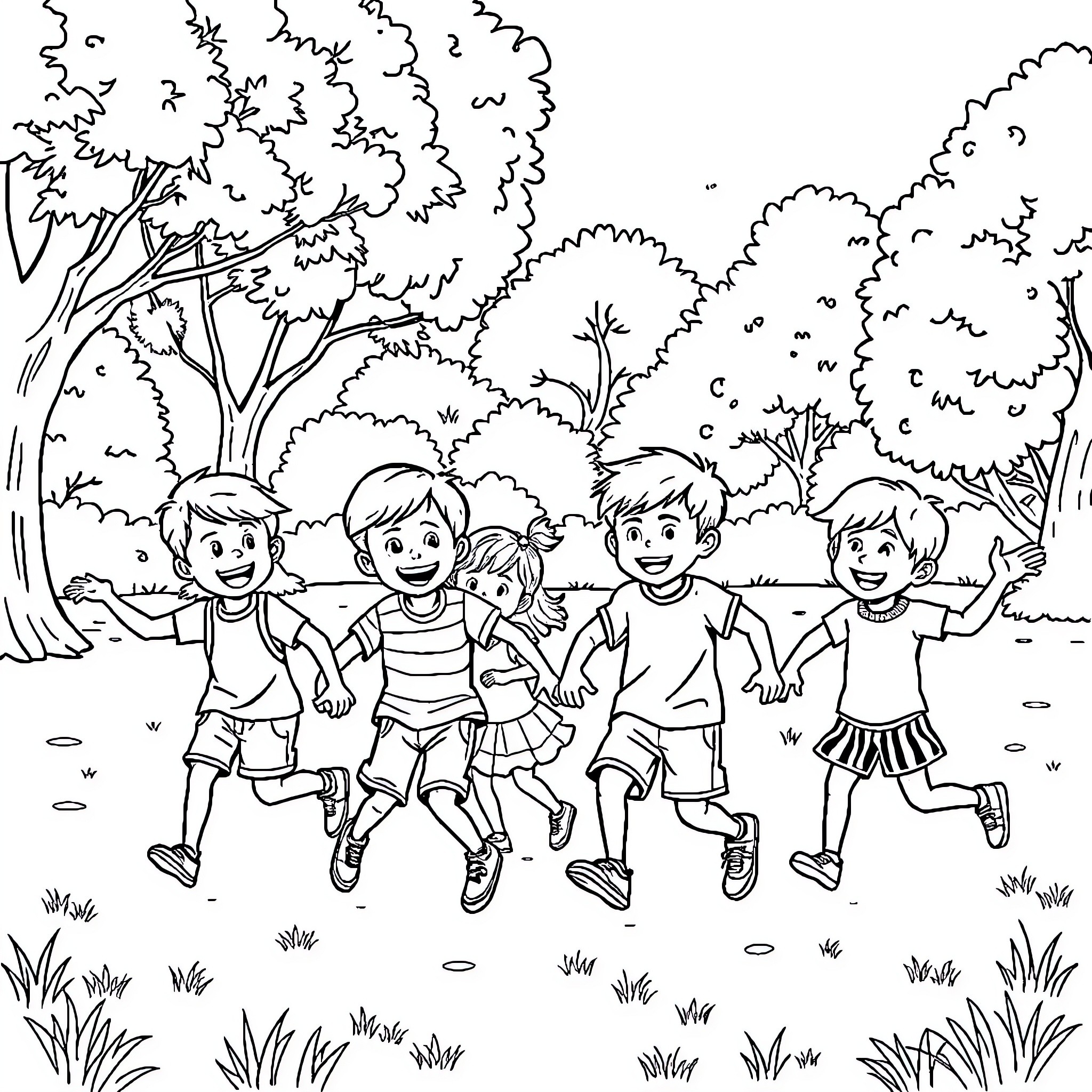 Kid Friends Enjoying Outdoor Adventure Coloring Page (free black-and-white line drawing printable PDF for all, from beginners to advanced learners, including children, teens, adults, and seniors)