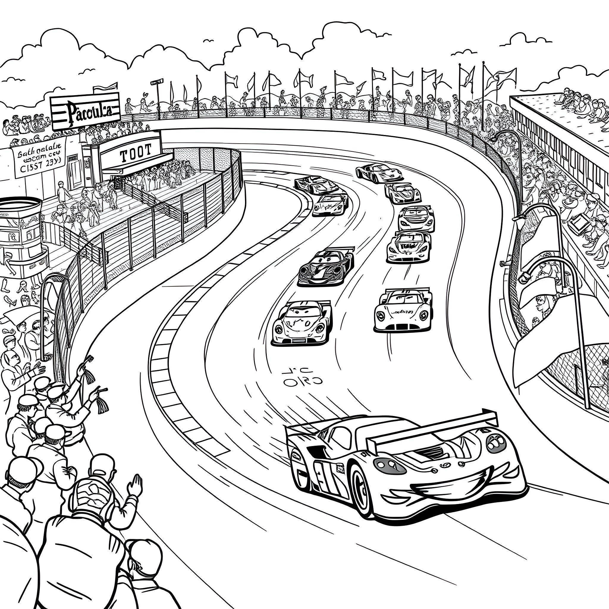 Racecar speed competition on winding racetrack Coloring Page (free black-and-white line drawing printable PDF for all, from beginners to advanced learners, including children, teens, adults, and seniors)