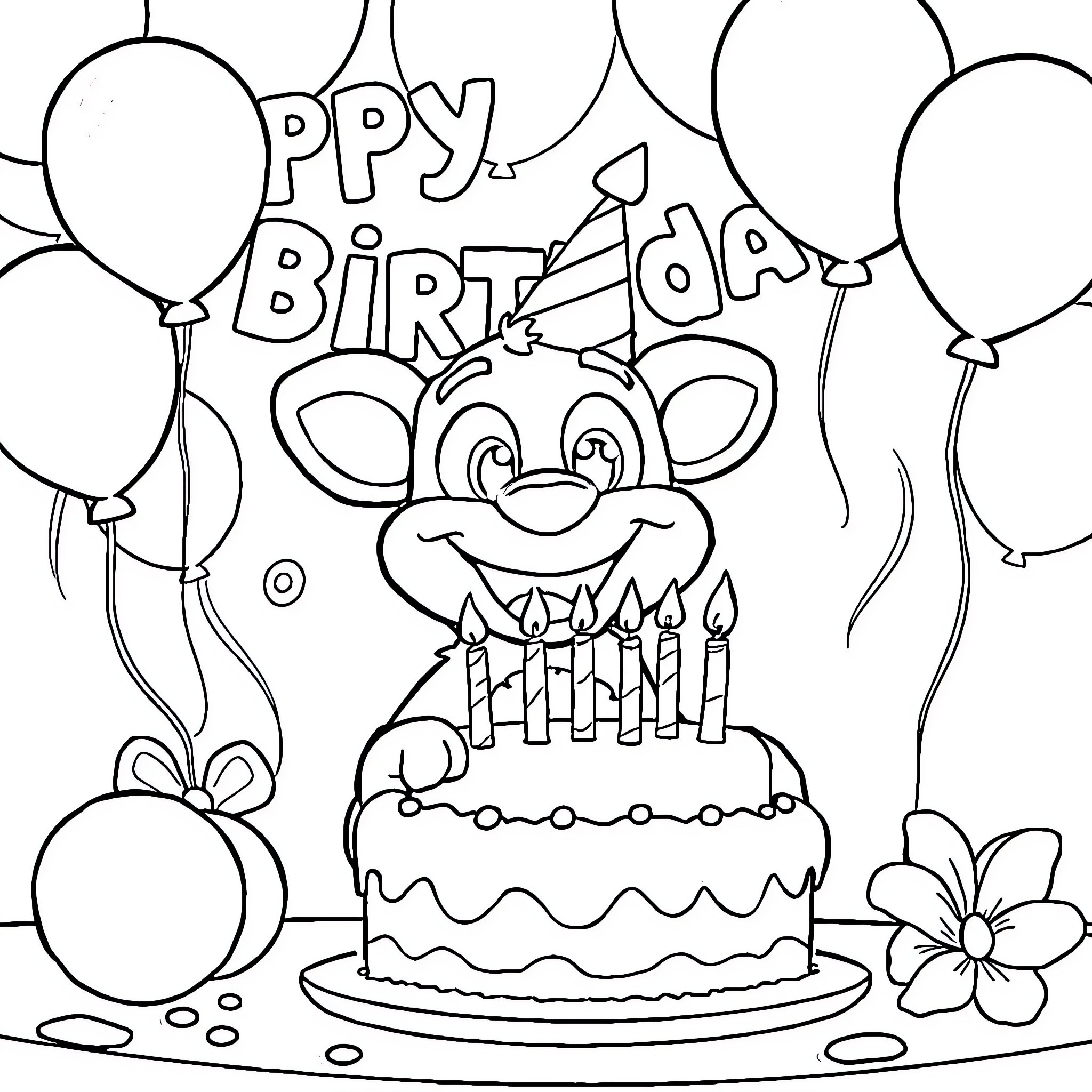 Bluey's Birthday Party with Balloons and Cake Coloring Page (free black-and-white line drawing printable PDF for all, from beginners to advanced learners, including children, teens, adults, and seniors)