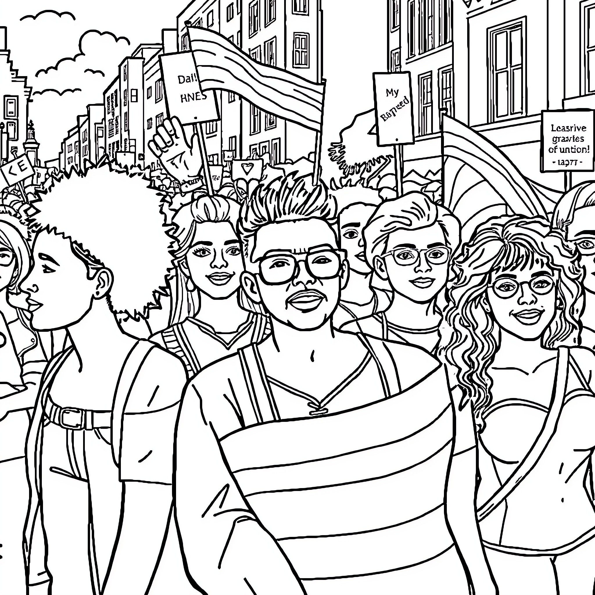 Pride in Celebration: Diverse Crowd at a Parade Coloring Page (free black-and-white line drawing printable PDF for all, from beginners to advanced learners, including children, teens, adults, and seniors)
