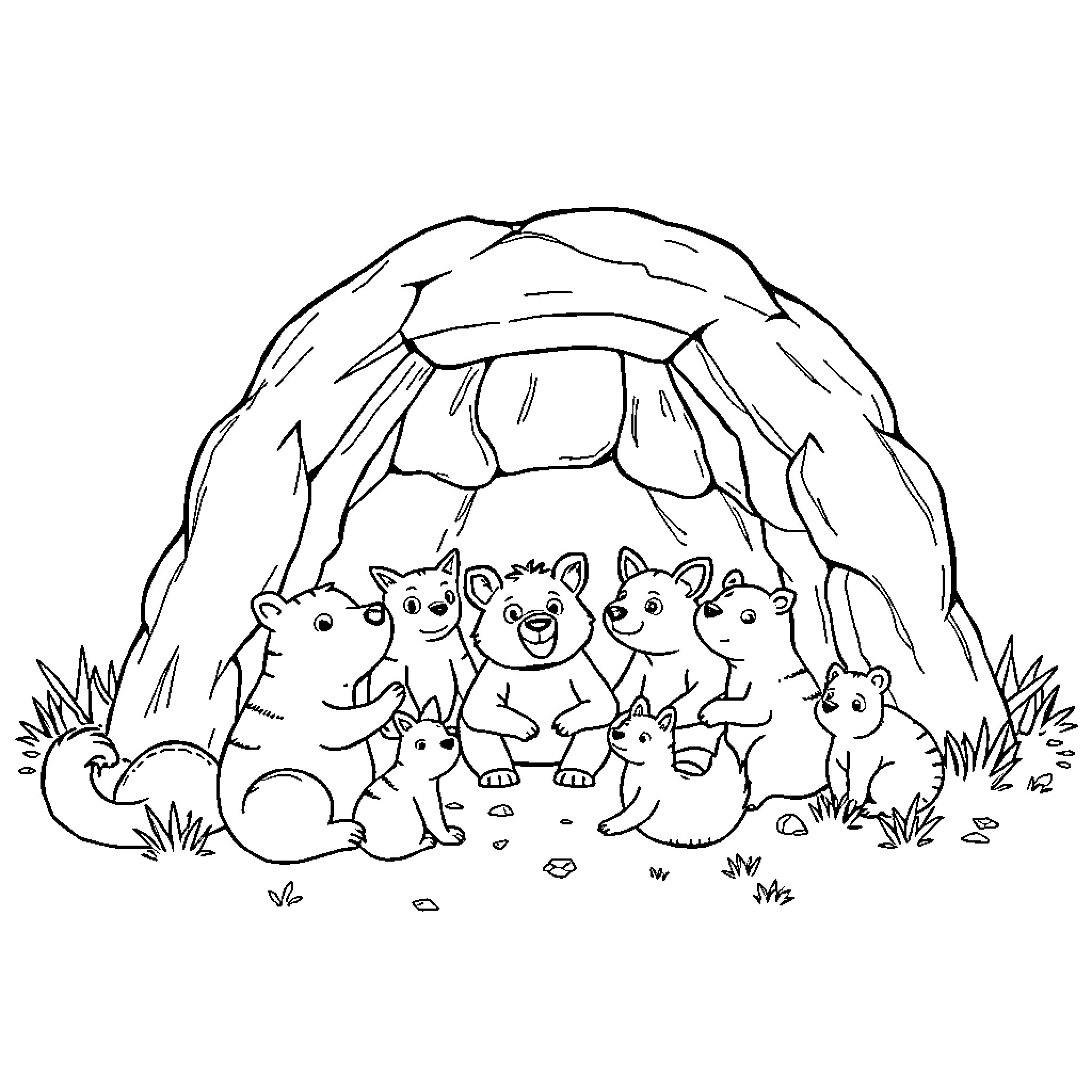 Animal friends gathered in their natural habitat Coloring Page (free black-and-white line drawing printable PDF for all, from beginners to advanced learners, including children, teens, adults, and seniors)