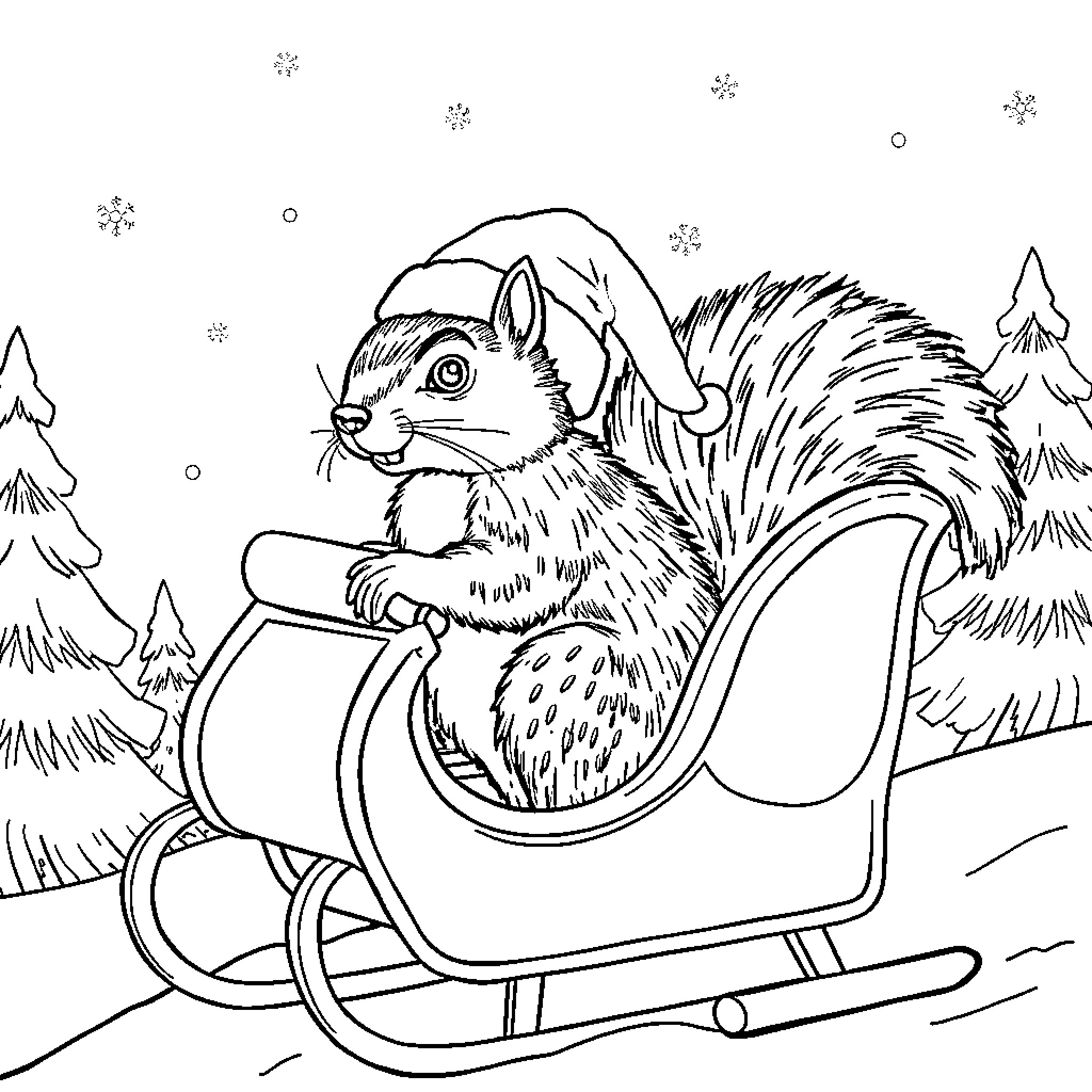 Squirrel riding on a sleigh in a snowy forest Coloring Page (free black-and-white line drawing printable PDF for all, from beginners to advanced learners, including children, teens, adults, and seniors)