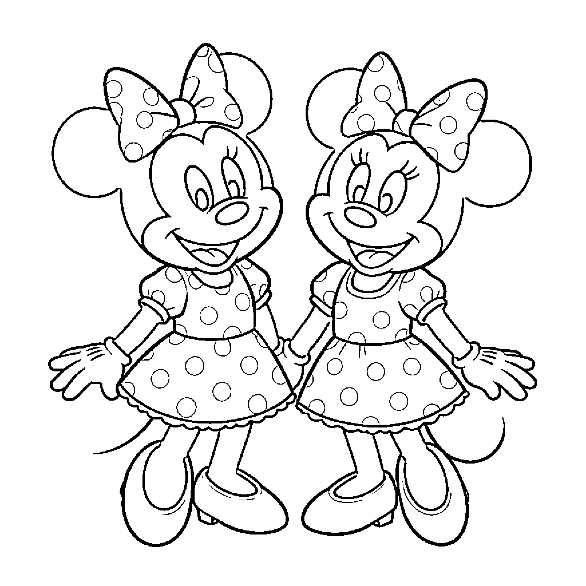 Mickey and Minnie dancing happily together Coloring Page (free black-and-white line drawing printable PDF for all, from beginners to advanced learners, including children, teens, adults, and seniors)