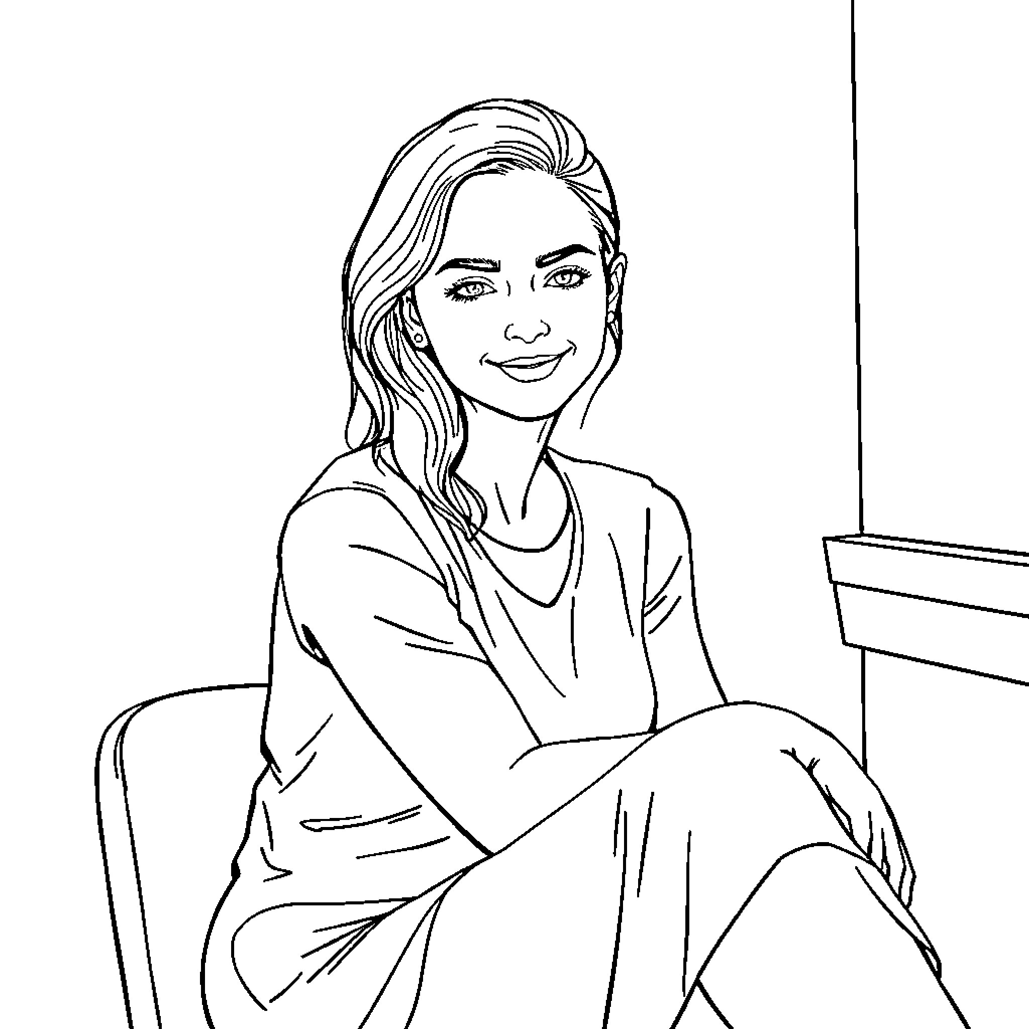 Woman smiling happily in casual attire Coloring Page (free black-and-white line drawing printable PDF for all, from beginners to advanced learners, including children, teens, adults, and seniors)