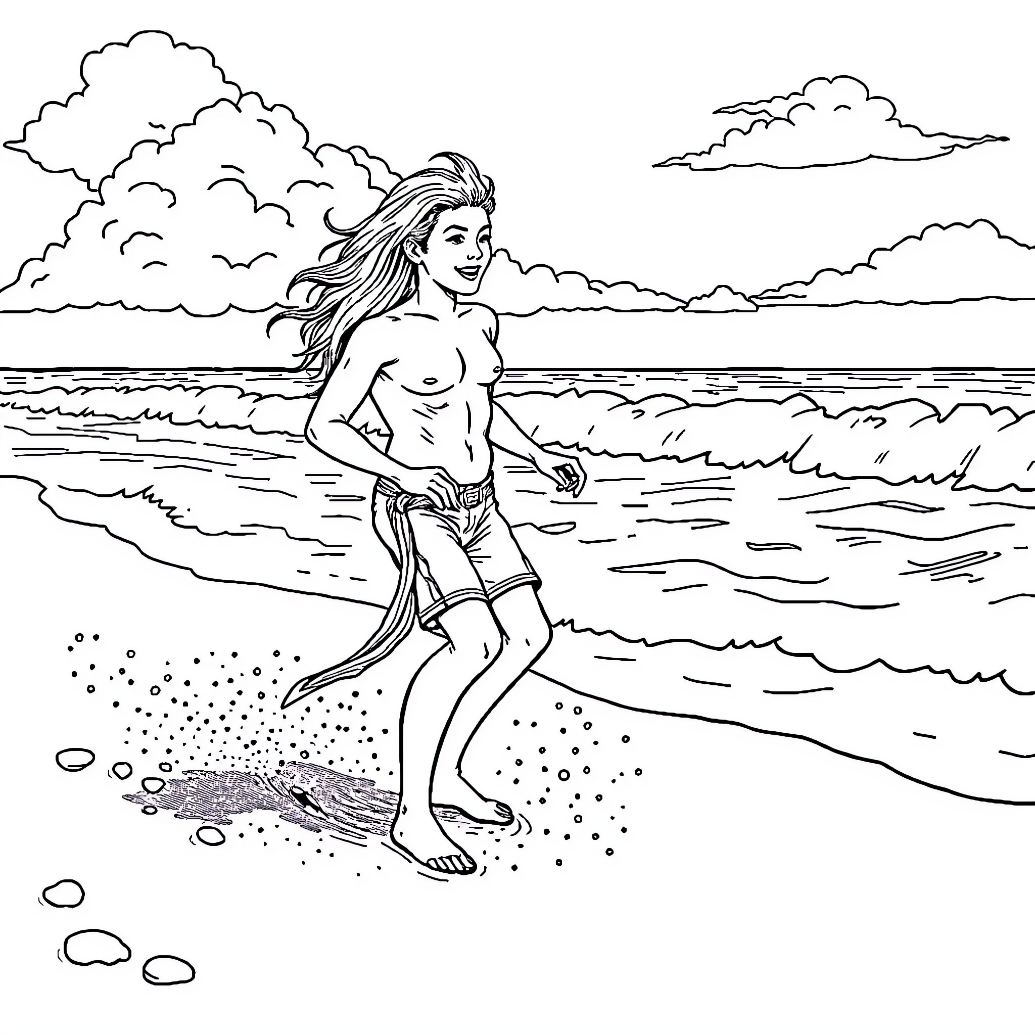 Crab walking on beach with ocean waves Coloring Page (free black-and-white line drawing printable PDF for all, from beginners to advanced learners, including children, teens, adults, and seniors)