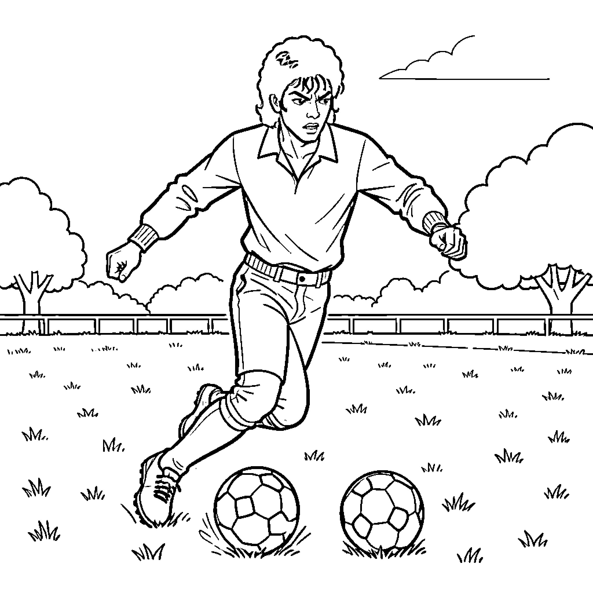 Michael Jackson playing soccer in a grassy field Coloring Page (free black-and-white line drawing printable PDF for all, from beginners to advanced learners, including children, teens, adults, and seniors)