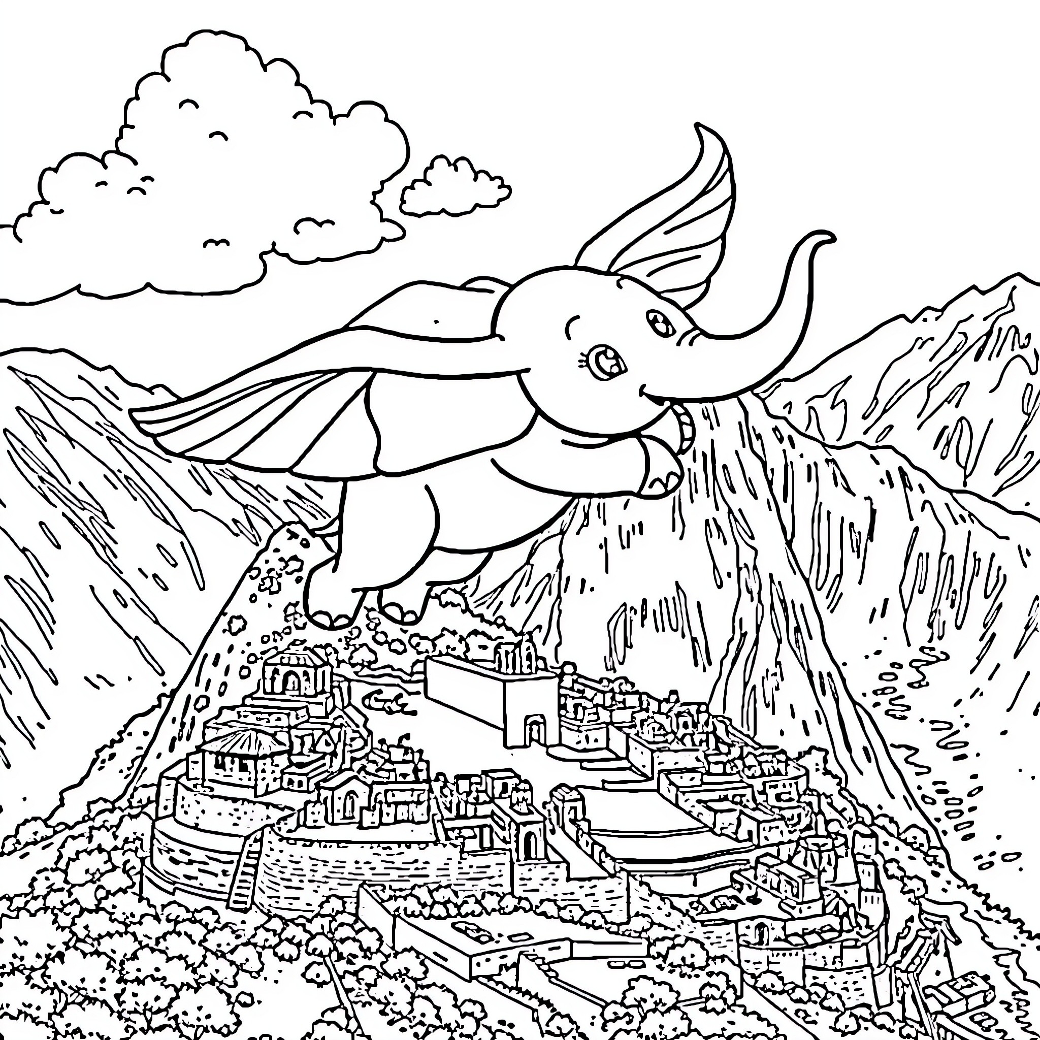 Dumbo flying over a village in the mountains Coloring Page (free black-and-white line drawing printable PDF for all, from beginners to advanced learners, including children, teens, adults, and seniors)