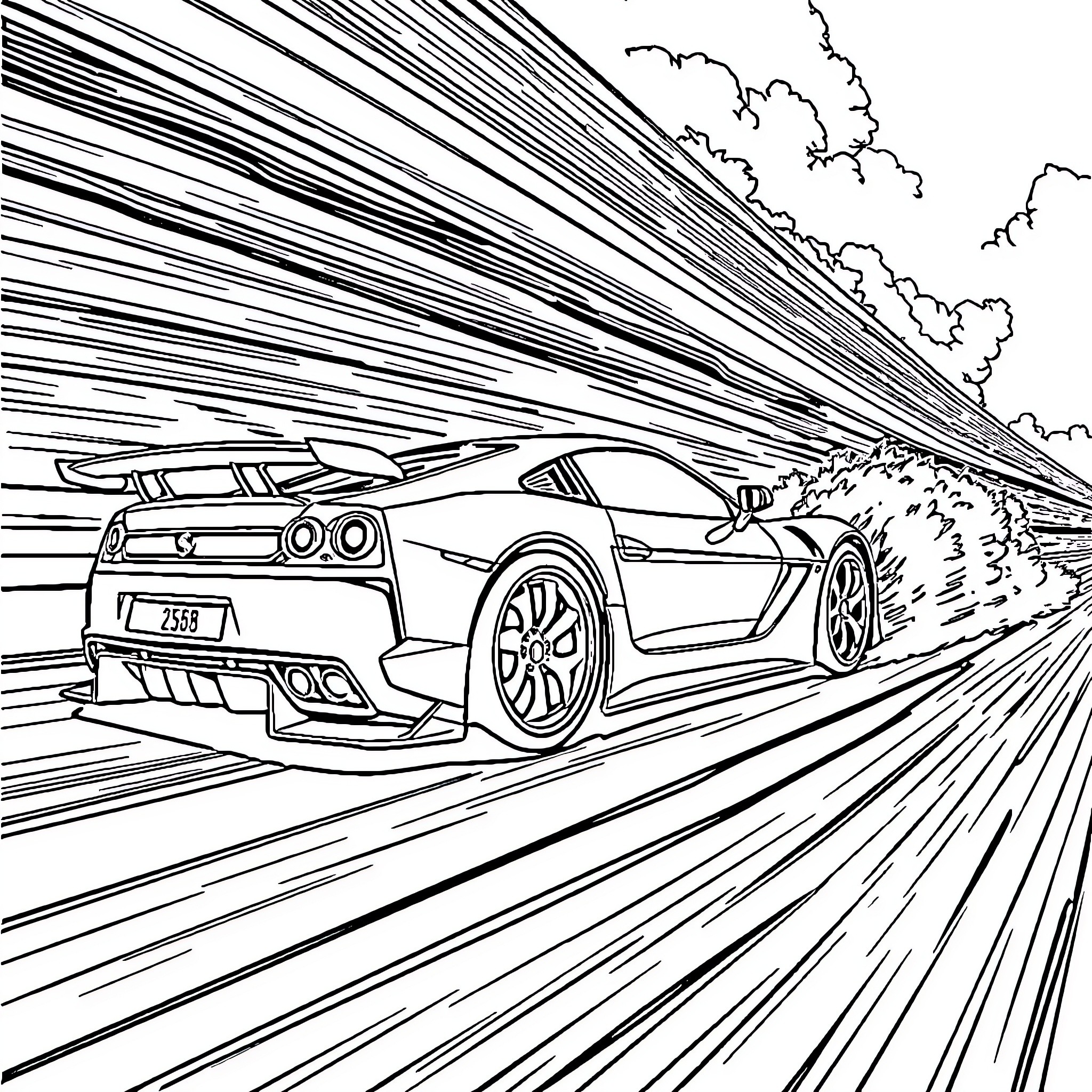 Sport Car racing at high speed on the road Coloring Page (free black-and-white line drawing printable PDF for all, from beginners to advanced learners, including children, teens, adults, and seniors)