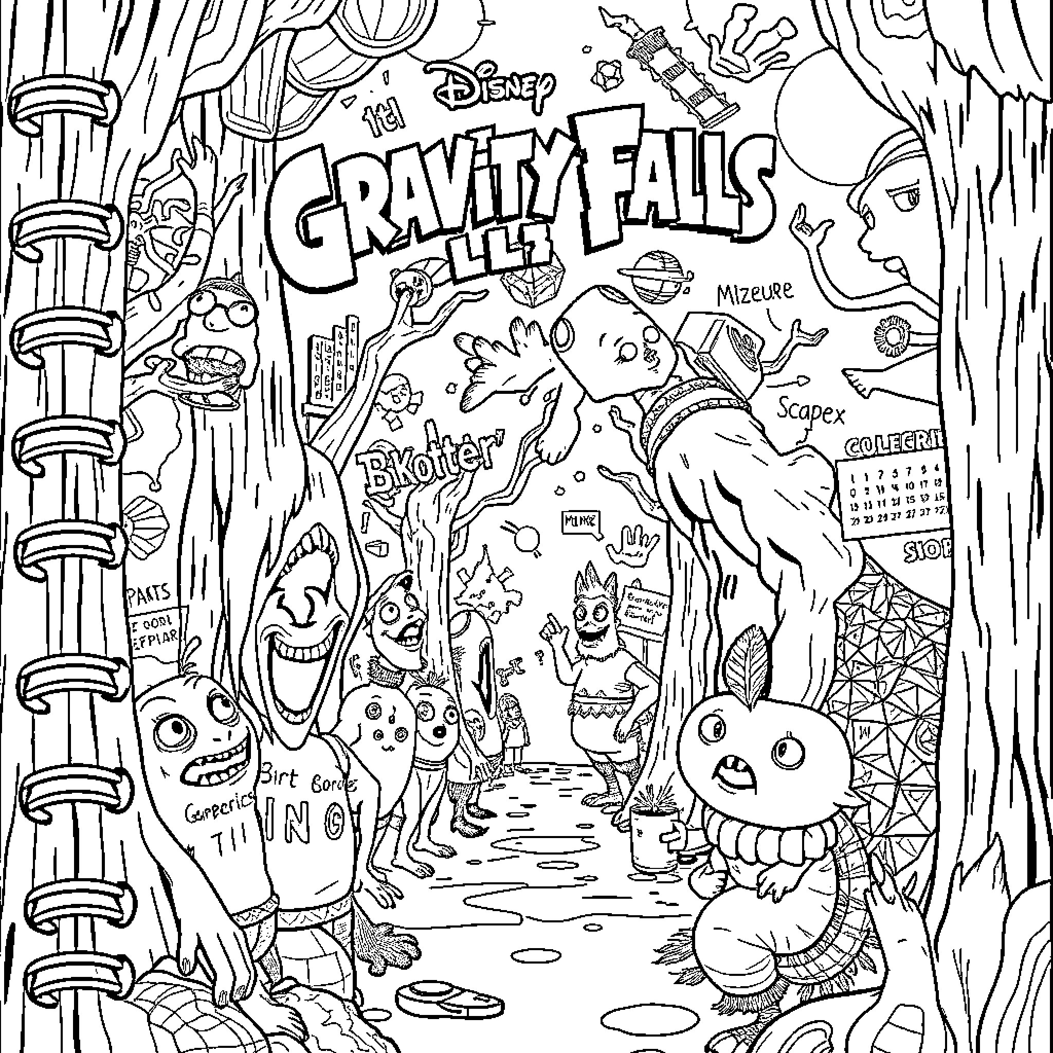Gravity Falls: Whimsical Characters in an Adventurous Scene Coloring Page (free black-and-white line drawing printable PDF for all, from beginners to advanced learners, including children, teens, adults, and seniors)